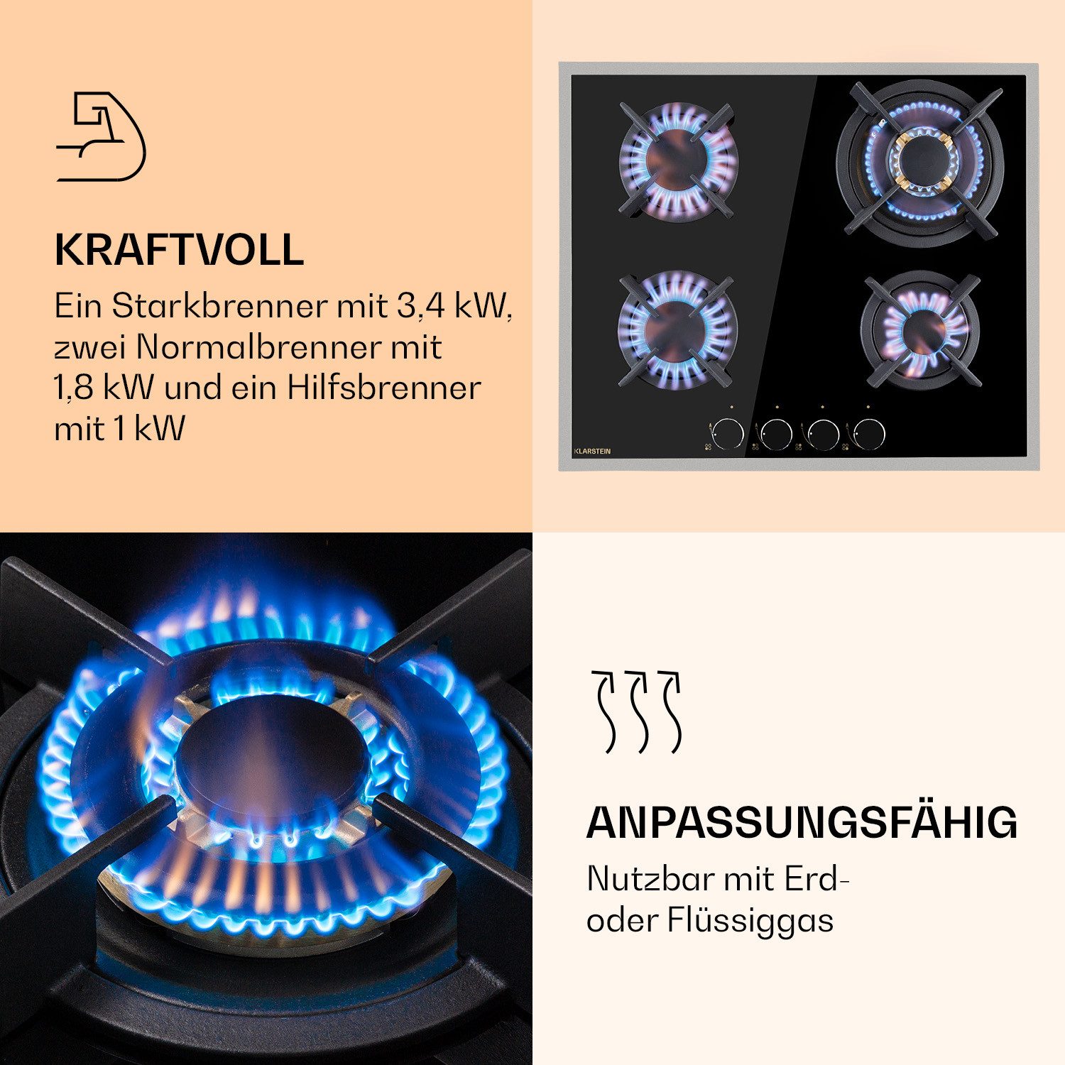 Klarstein Gas-Kochfeld Goldflame 4 Prime 10037807, Einbau Gas Kochfeld 4 Platten Herdplatte Kochplatte Einbaukochfeld – Bild 4 von 5