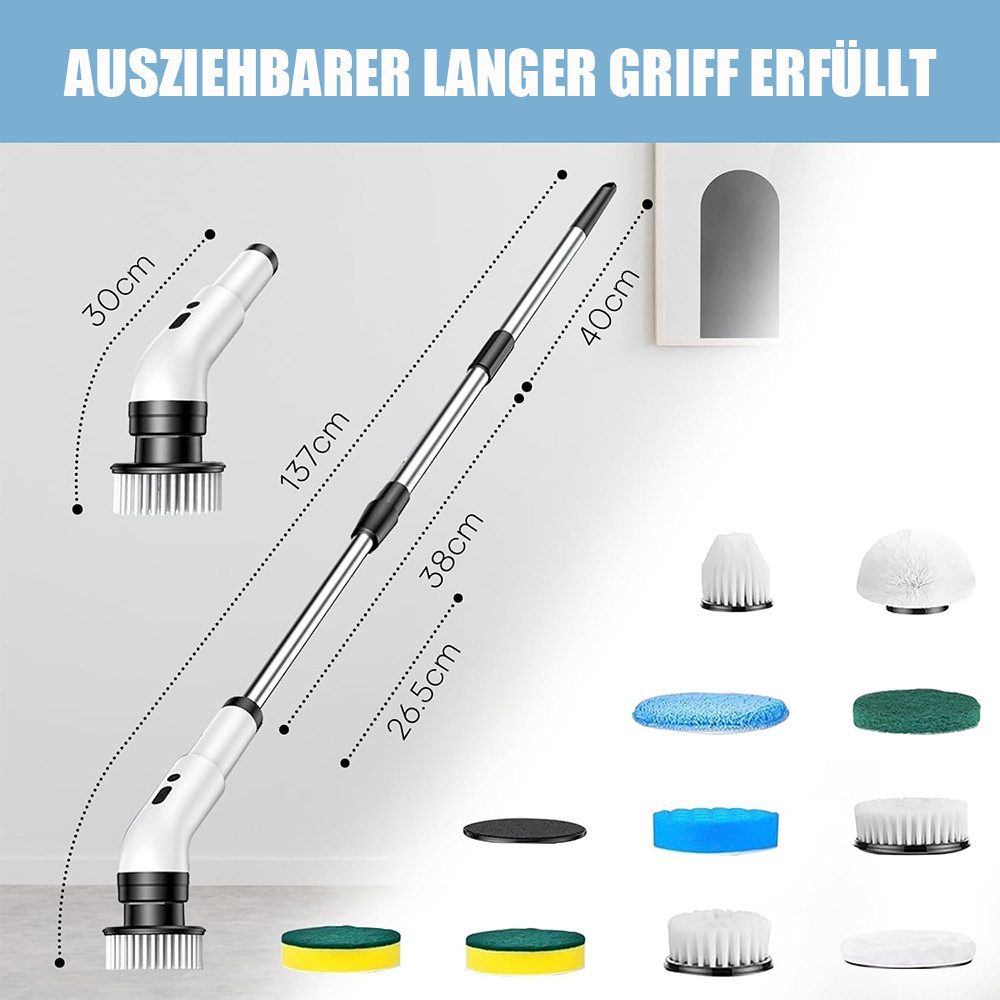 TUWENA Reinigungsbürsten-Set 9 in 1 Elektrische Reinigungsbürste, Spin Scrubber mit Lang Griff, 3 Modi, Duschreiniger Bürste für Bad, Küche, Fliesen und Auto – Bild 2 von 5