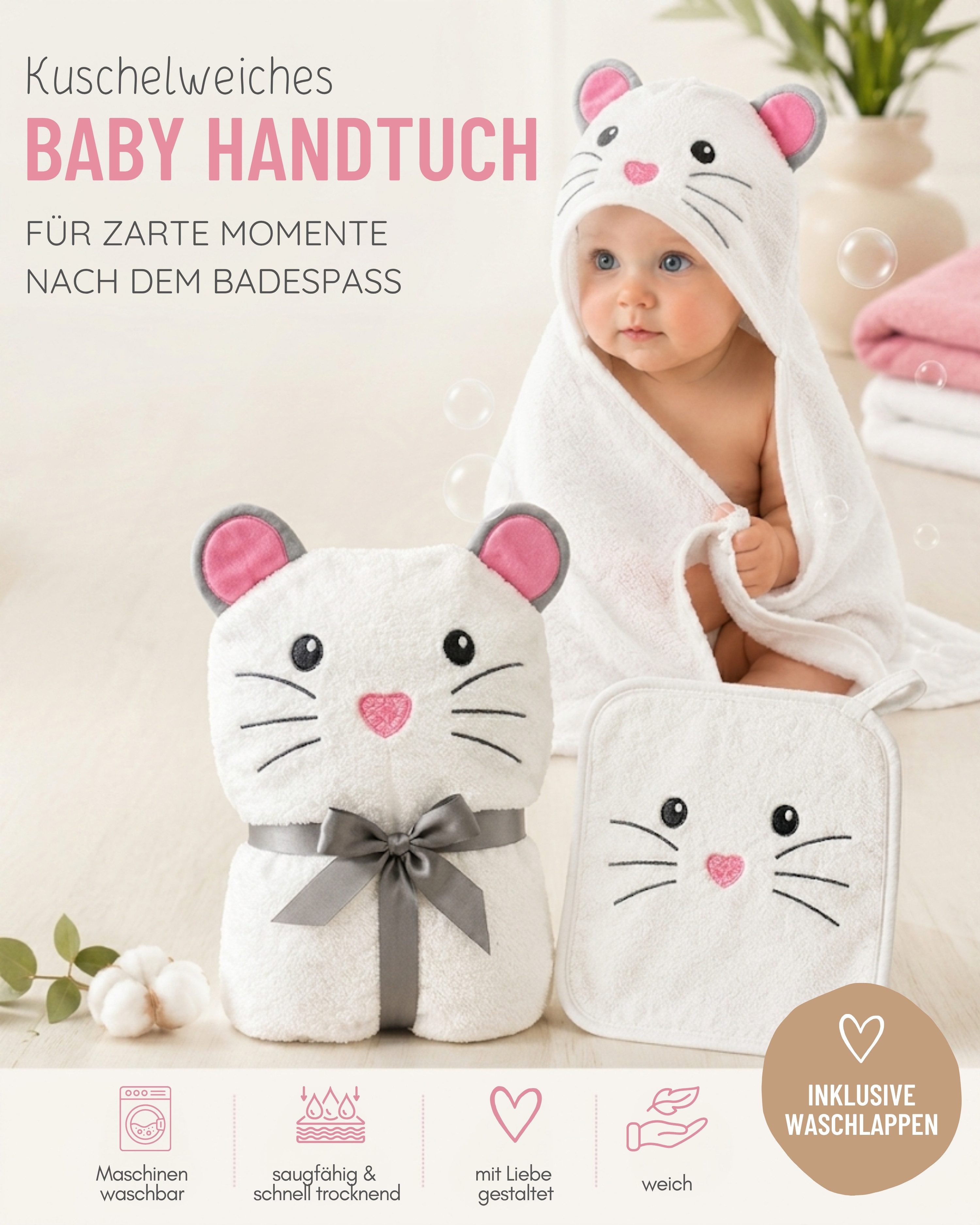 HECKBO Kapuzenhandtuch Maus inkl. Waschlappen, ab 0 Jahren, 2 Druckknöpfe, Baby Geschenk