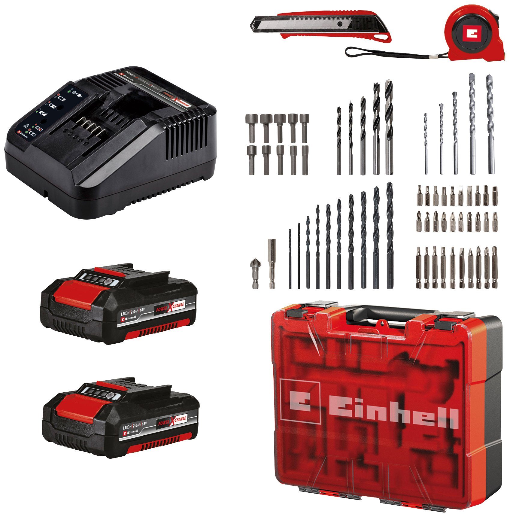 Einhell Akku-Schlagbohrschrauber 2 +64, Li-i 64-tlg. TE-CD (Set), Schnellladegerät, Akkus, 18/40 Zubehör inkl. und Koffer