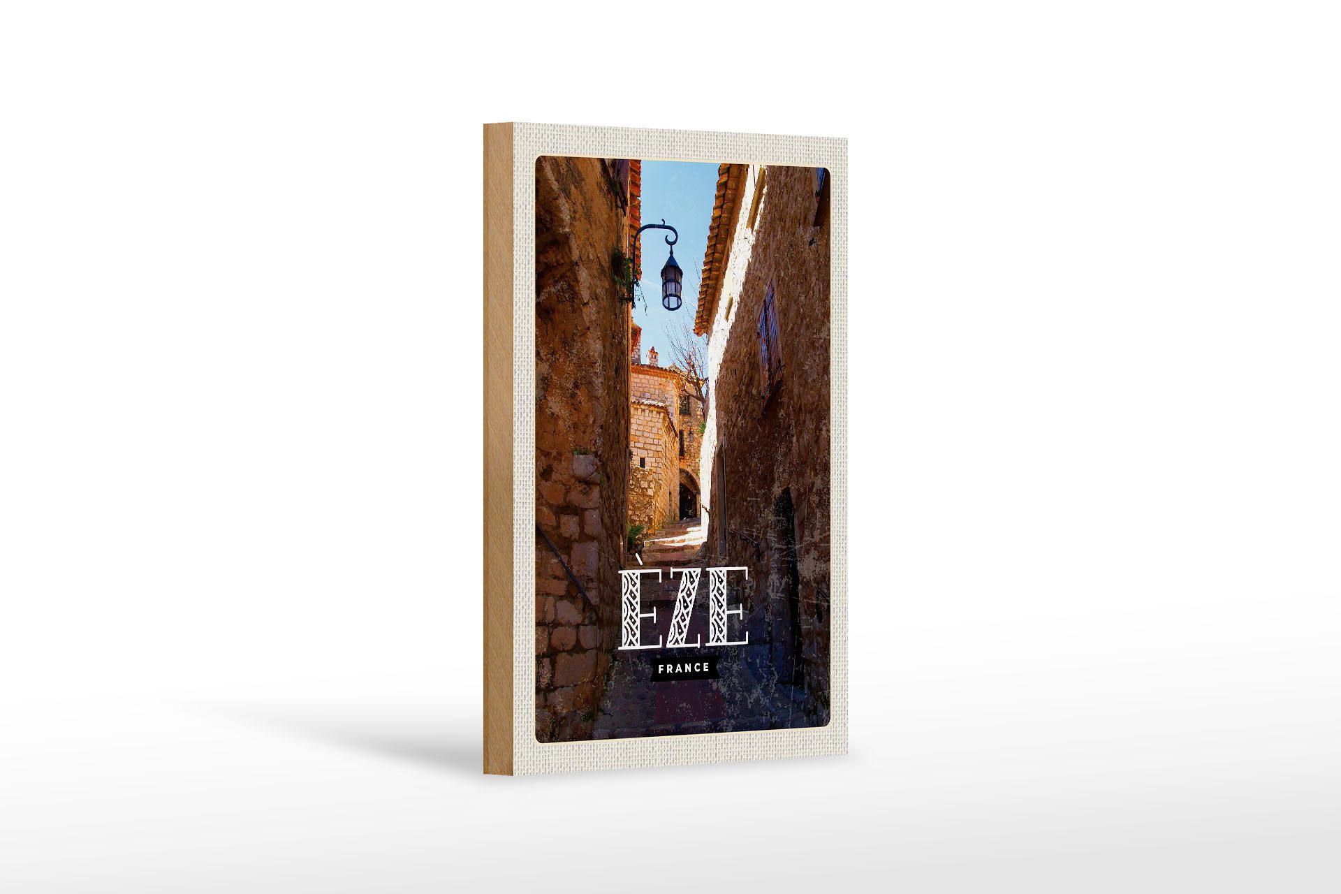 Femer GmbH Holzbild Reise 12x18 cm Retro Eze France Mittelalter Stadt, (1 St), Glatte Holzfaserplatte (MDF), vorn beschichtet