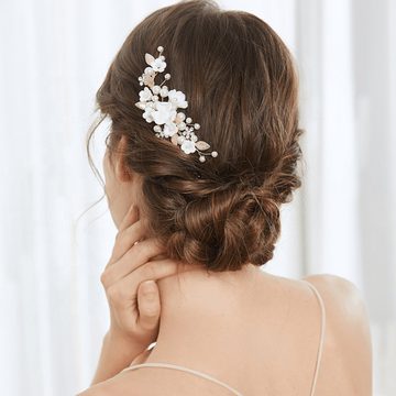 Vumari Haarkamm Braut Haarschmuck, Hochzeitsschmuck, Keramikblüten Boho, Blumen Brautschmuck mit Keramikblumen