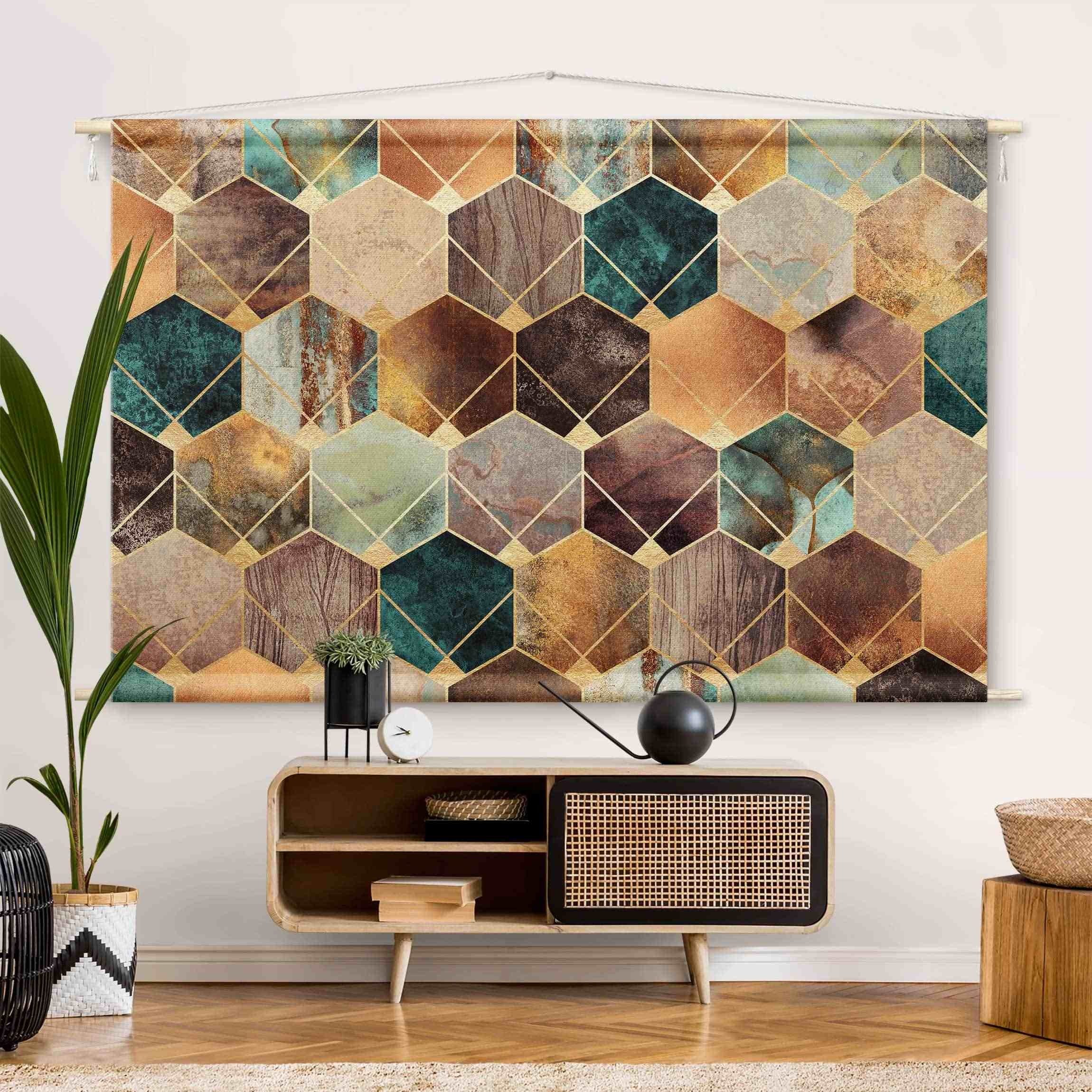 Bilderdepot24 Wandteppich modern Muster Abstrakt Aquarell Geometrisch gold, rechteckig, Höhe: 2.6 mm, großes Wandbild aus Natur-Baumwolle Wandbehang Stoffbild Tuch Wollseil
