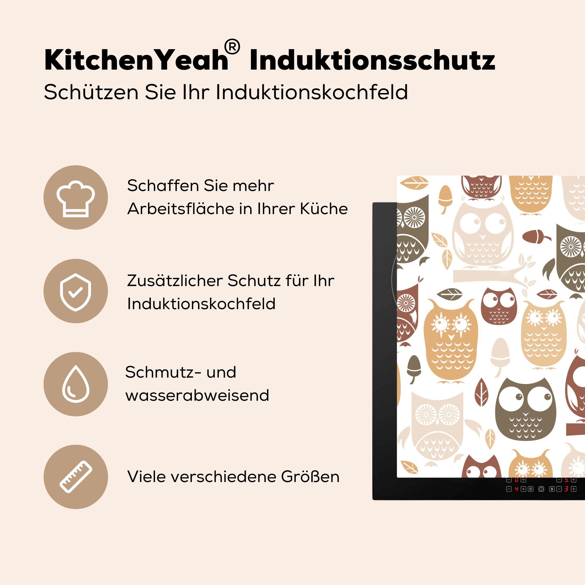 MuchoWow Herdblende-/Abdeckplatte (1 küche Vinyl, 78x78 Herbst - Arbeitsplatte für - tlg), Eulen, Illustration cm, Ceranfeldabdeckung
