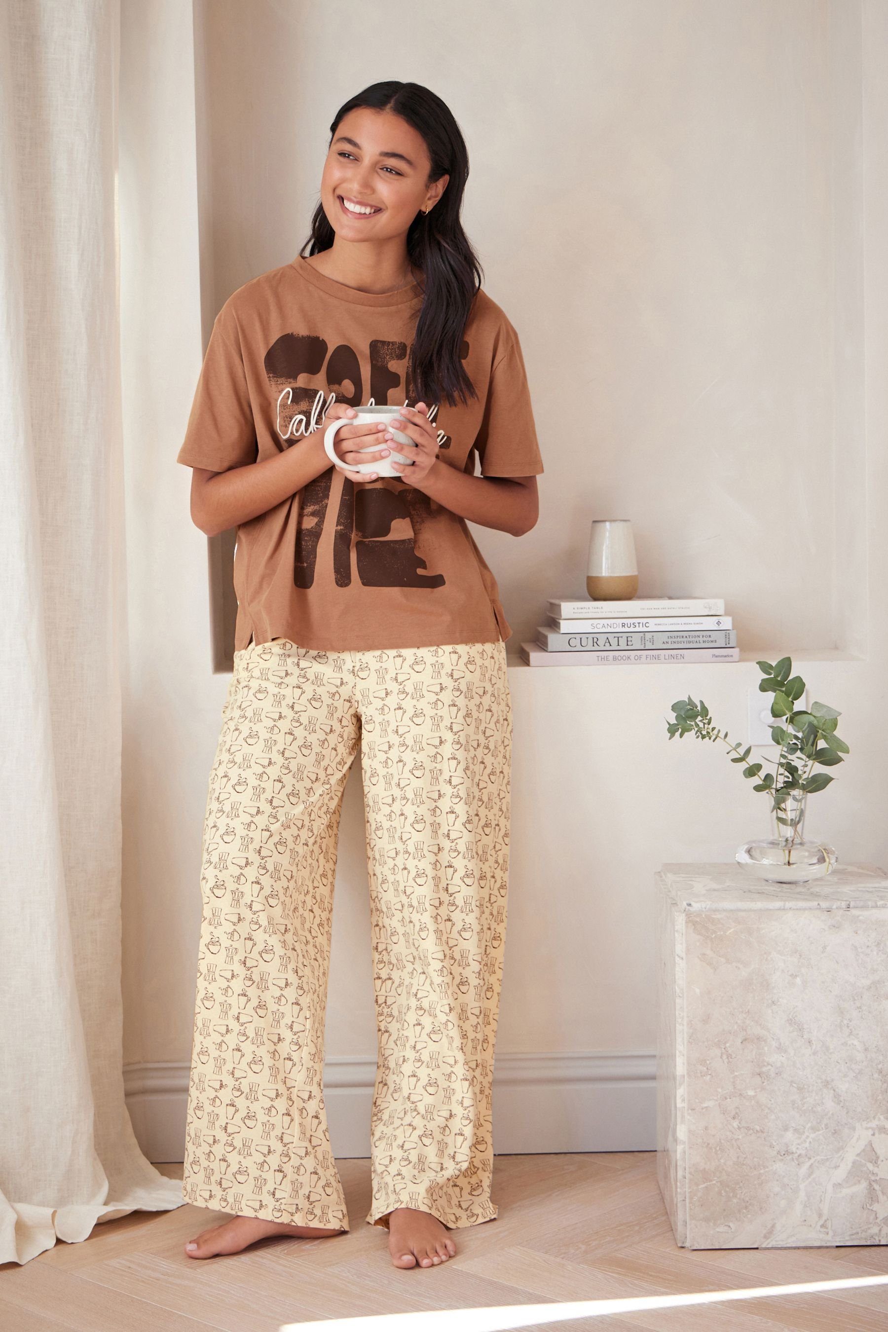 Next Pyjama Pyjamas aus (2 Brown tlg) Coffee Baumwollgemisch