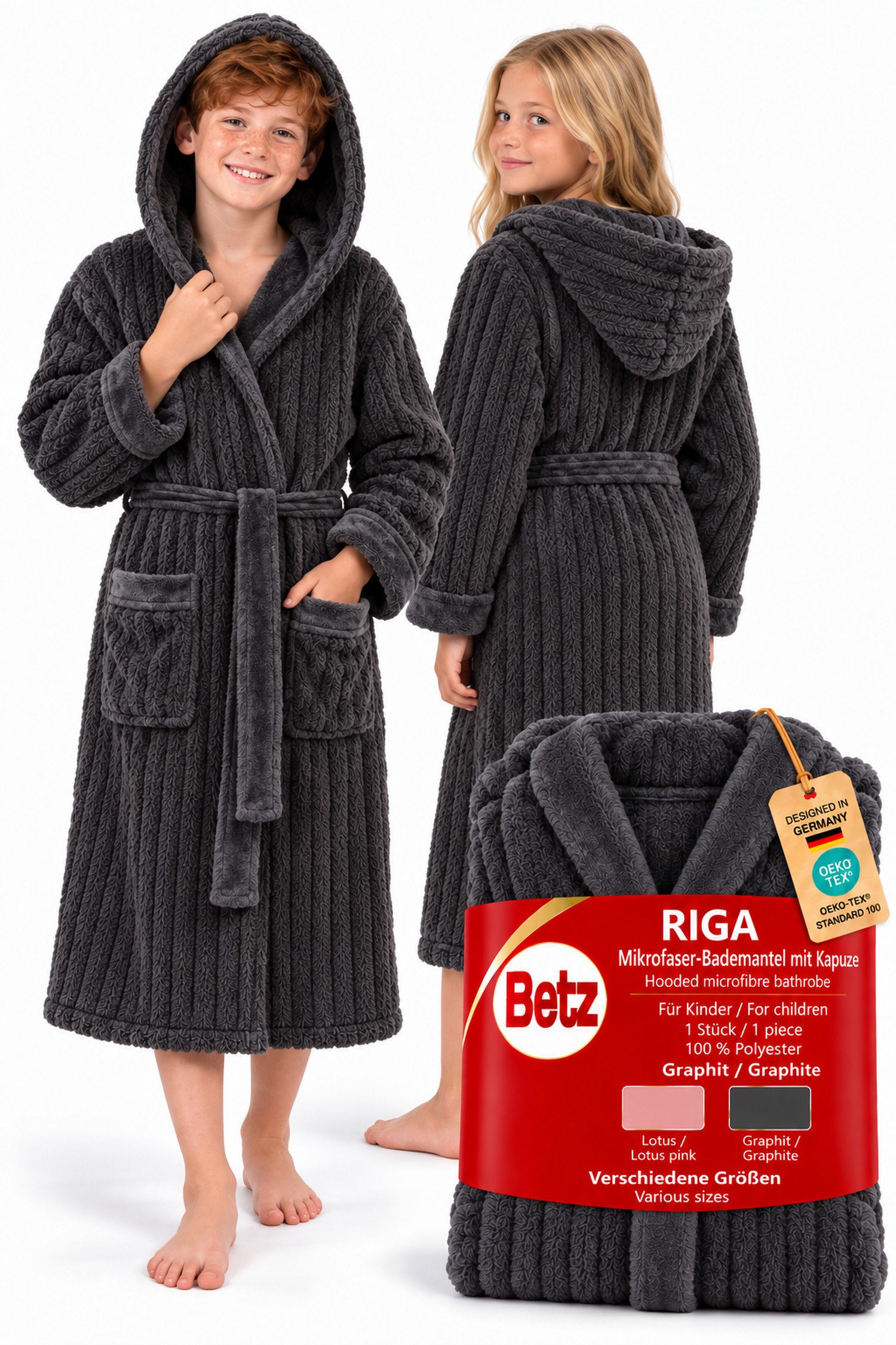 Betz Bademantel Bademantel Microfaser mit Kapuze - RIGA - für Herren Damen und Kinder, Gürtel