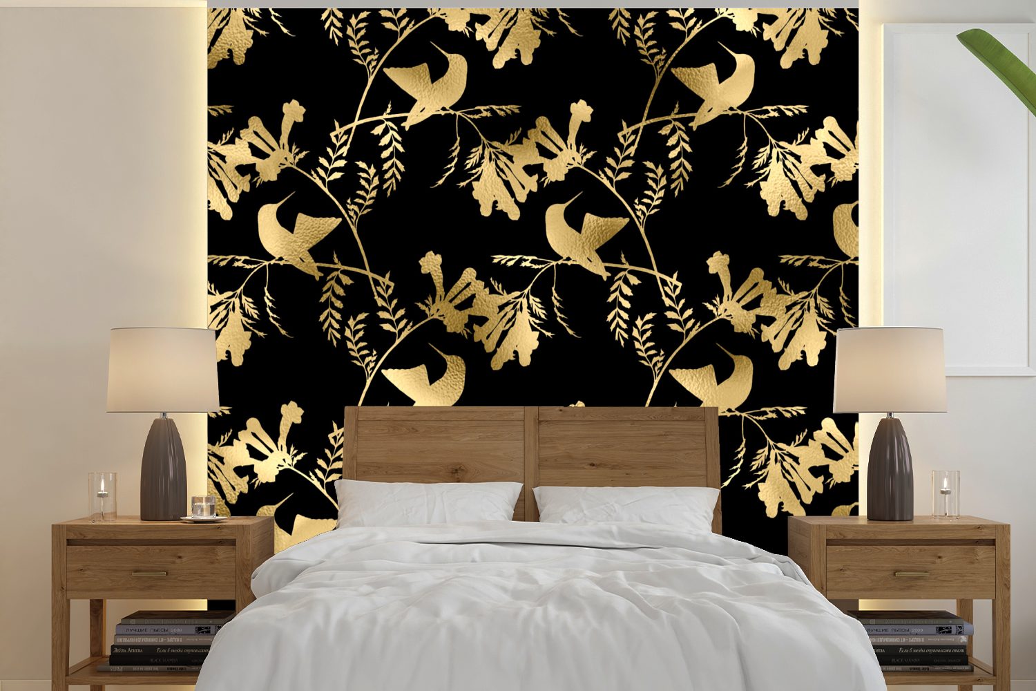 MuchoWow Fototapete Muster - für Vögel Vinyl Matt, Wohnzimmer St), bedruckt, - (5 oder Tapete Wandtapete Schlafzimmer, Gold