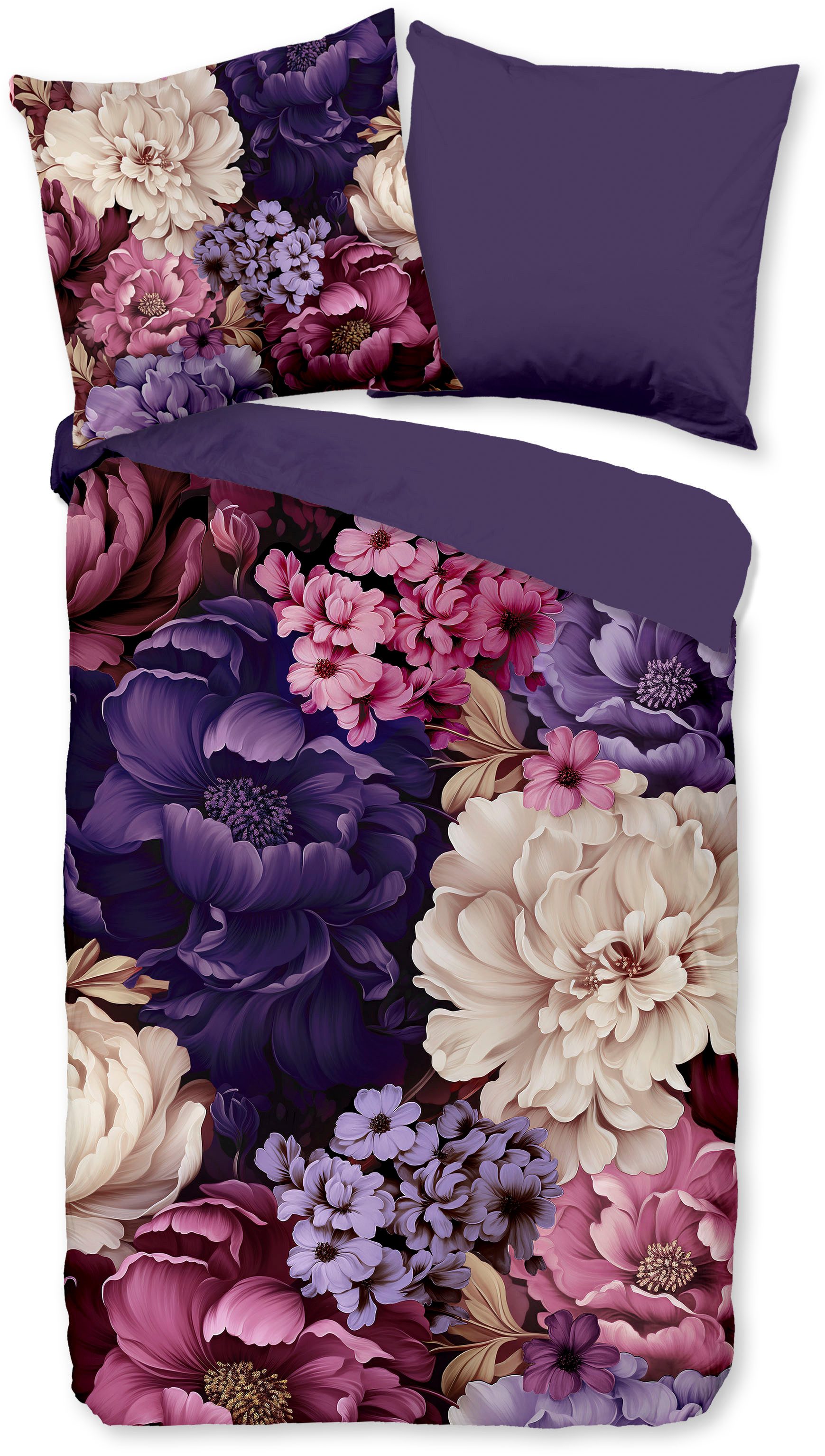 PURE luxury collection Wendebettwäsche Triade, Microfaser, 2 teilig, Mikrofaser, Pflegeleicht, Weich, Reißverschluss, Wendeoptik, Blume