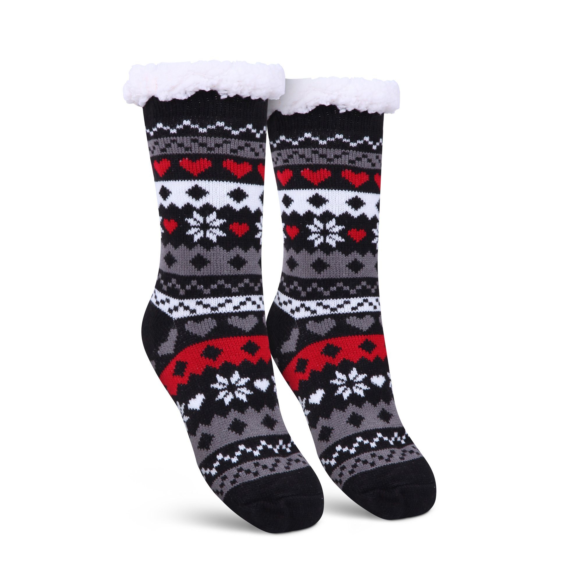 Bestlivings Kuschelsocken Haussocken "Norweger Herz" (1-Paar) Hüttensocken ABS / Teddyfutter - Norweger Socken Stoppersocken Schwarz