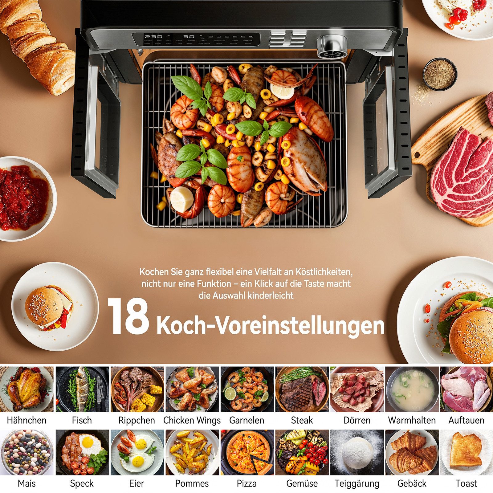 Rebonique Heißluftfritteuse XXL 28L mit Doppeltür & Sichtfenster, 1700 W, 18 Programme, Ohne Öl Gesundes Kochen, Pizza, Grill & Backofen – Bild 3 von 5