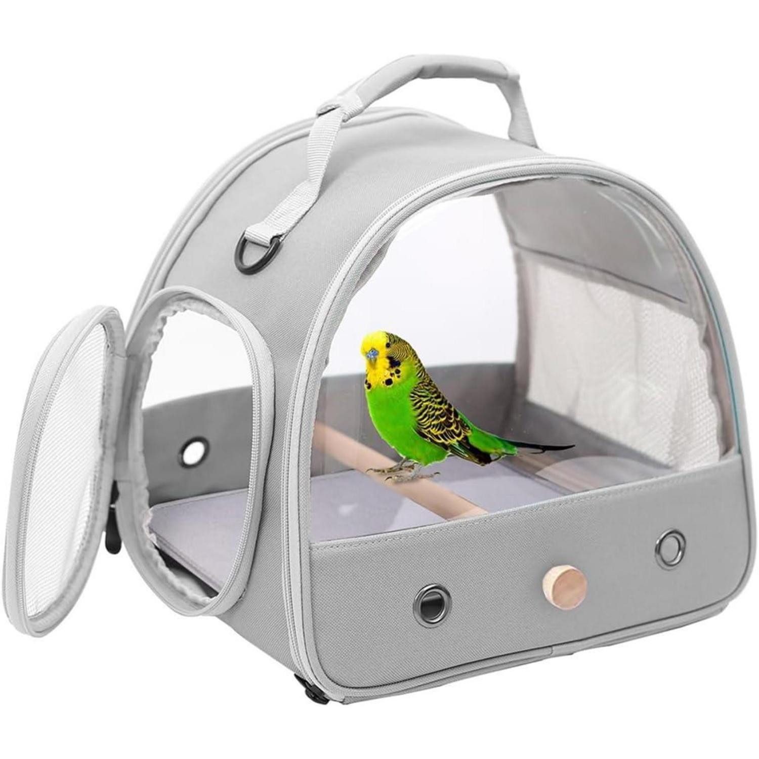 LuxusKollektion Tiertransporttasche Vogeltrage Papageien Sittiche Edelstahl Tablett Holzstange Grey