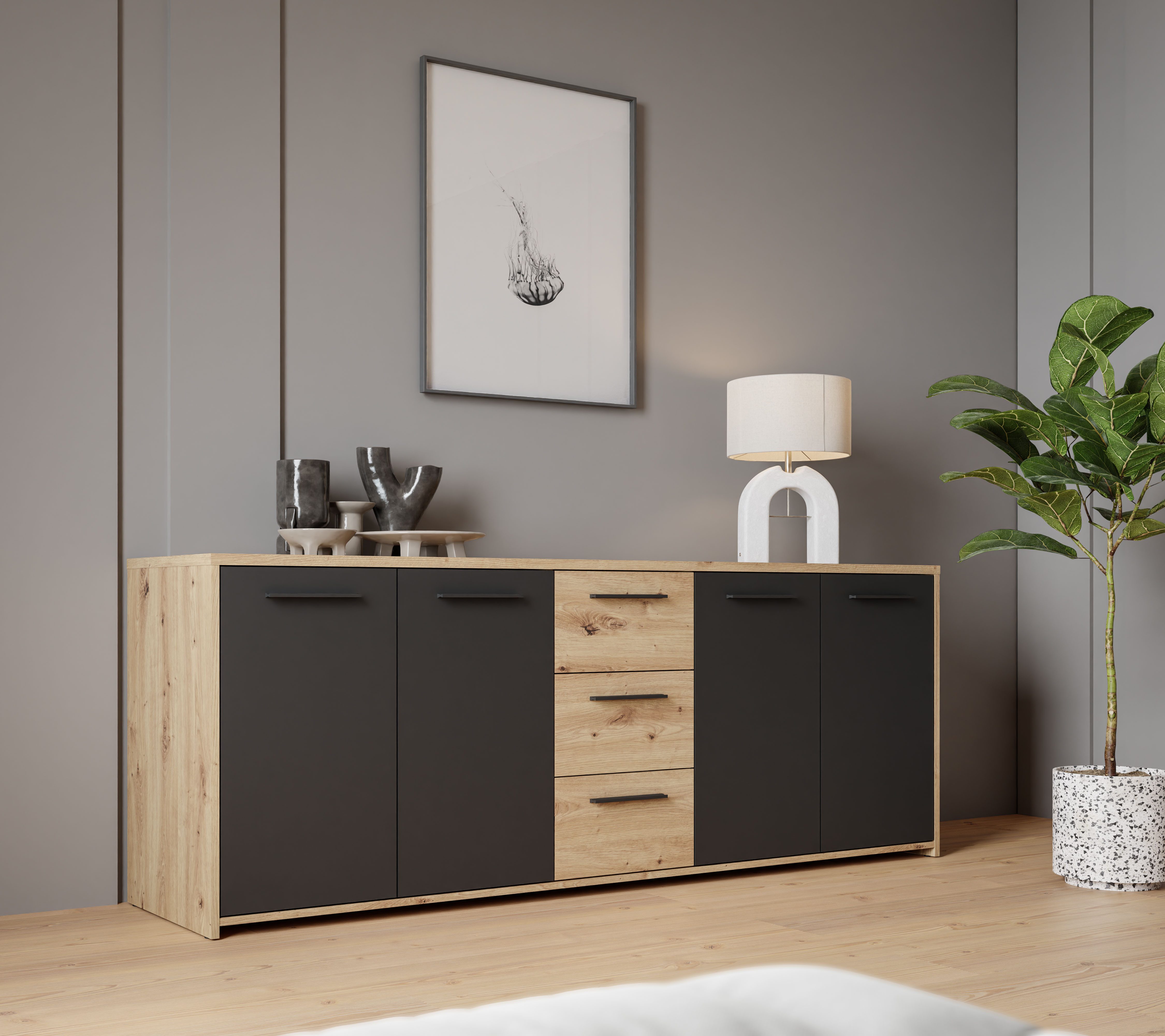 FORTE Sideboard Sideboard, 180 cm Breit, 3 Schubkästen, viel Platz, B/H/T 179/74,1/42 cm viel Stauraum