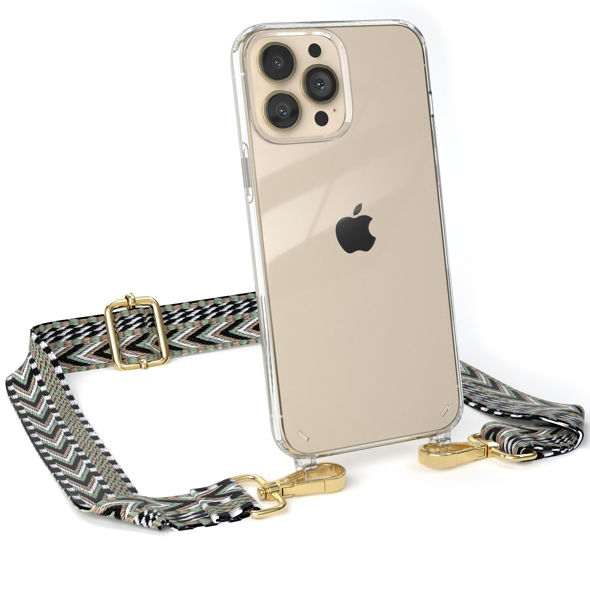 EAZY CASE Handykette Boho Umhängeband für Apple iPhone 13 Pro Max 6,7 Zoll, Body Bag Riemchen Wechselband Ersatzgurt klare Hülle Silicon Case Grün