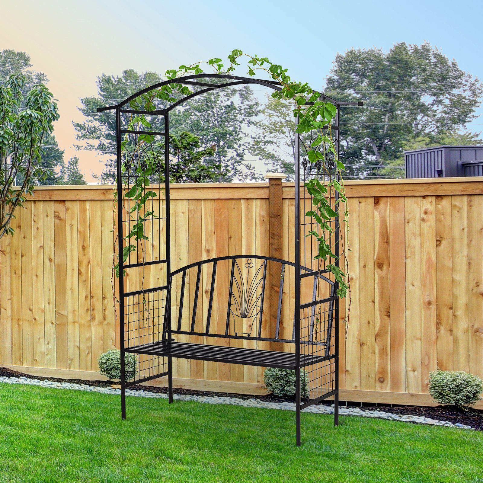 Outsunny Rosenbogen Torbogen Rankgitter Rankhilfe Garten Bogendach Sitzbank, 1 St., Pflanzbogen mit Bank, Metall Schwarz 154 x 60 x 205 cm