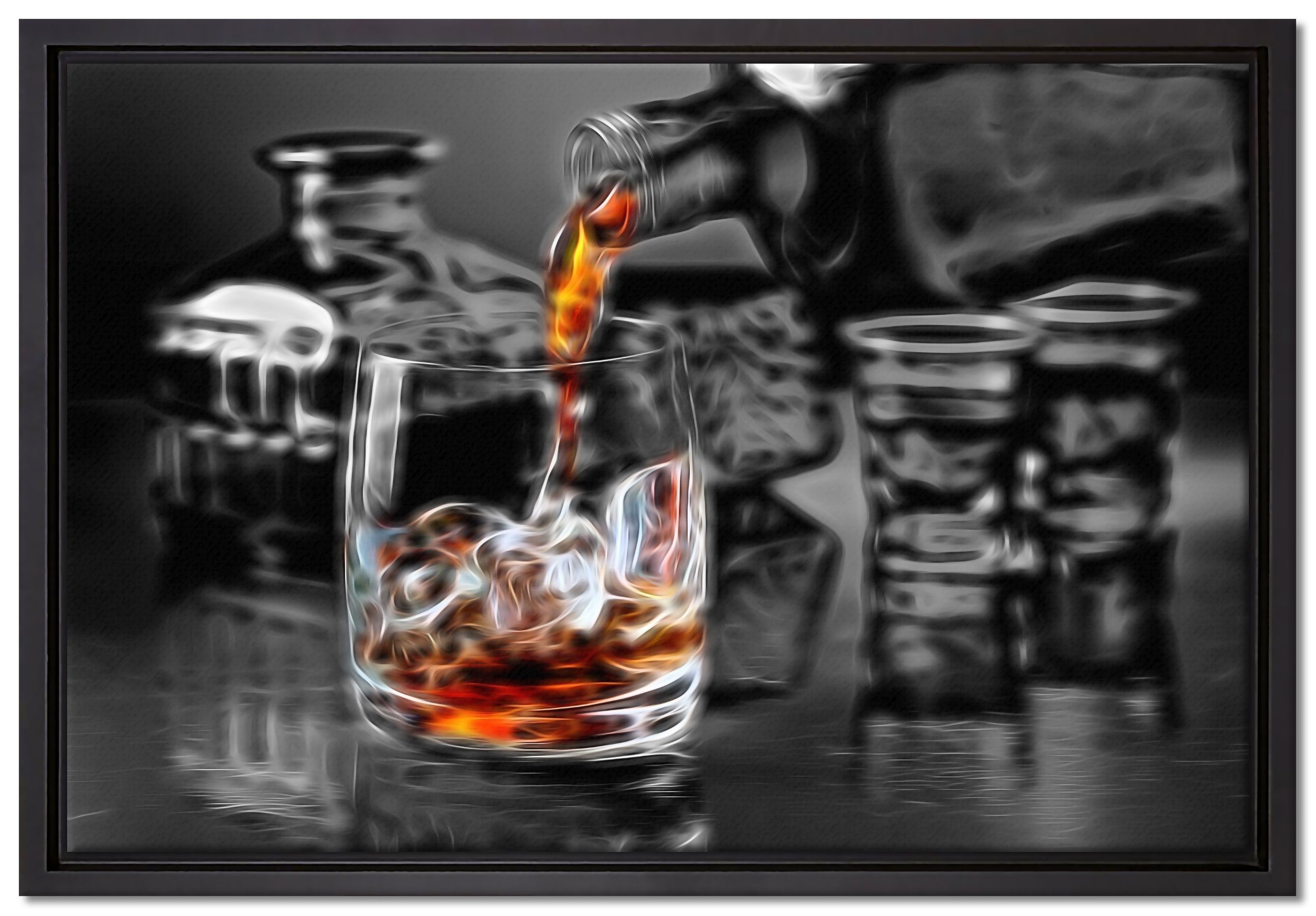 in Whiskeyglas, gefasst, Whiskey Leinwandbild einem Leinwandbild fertig Pixxprint St), Schattenfugen-Bilderrahmen (1 inkl. Wanddekoration im Zackenaufhänger bespannt,