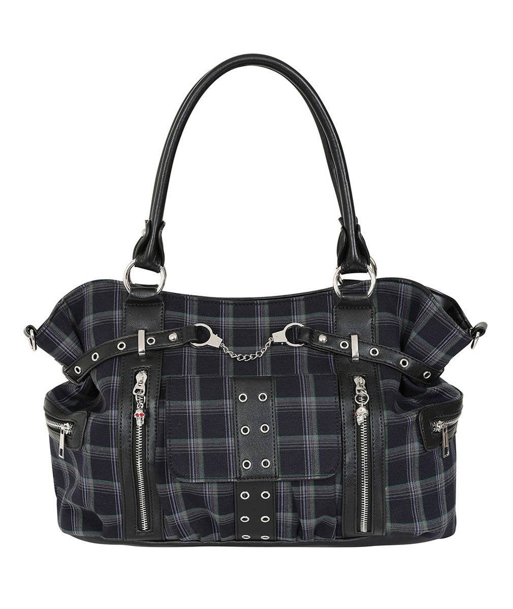 Banned Schultertasche Rise Up Grau, Tartan Handtasche Punk Nieten