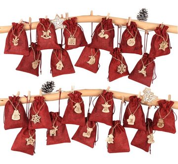 Homewit Christbaumschmuck Adventskalender DIY Weihnachten Geschenksäckchen Stoffbeutel (24-tlg), 1-24 Zahlen Holzanhänger