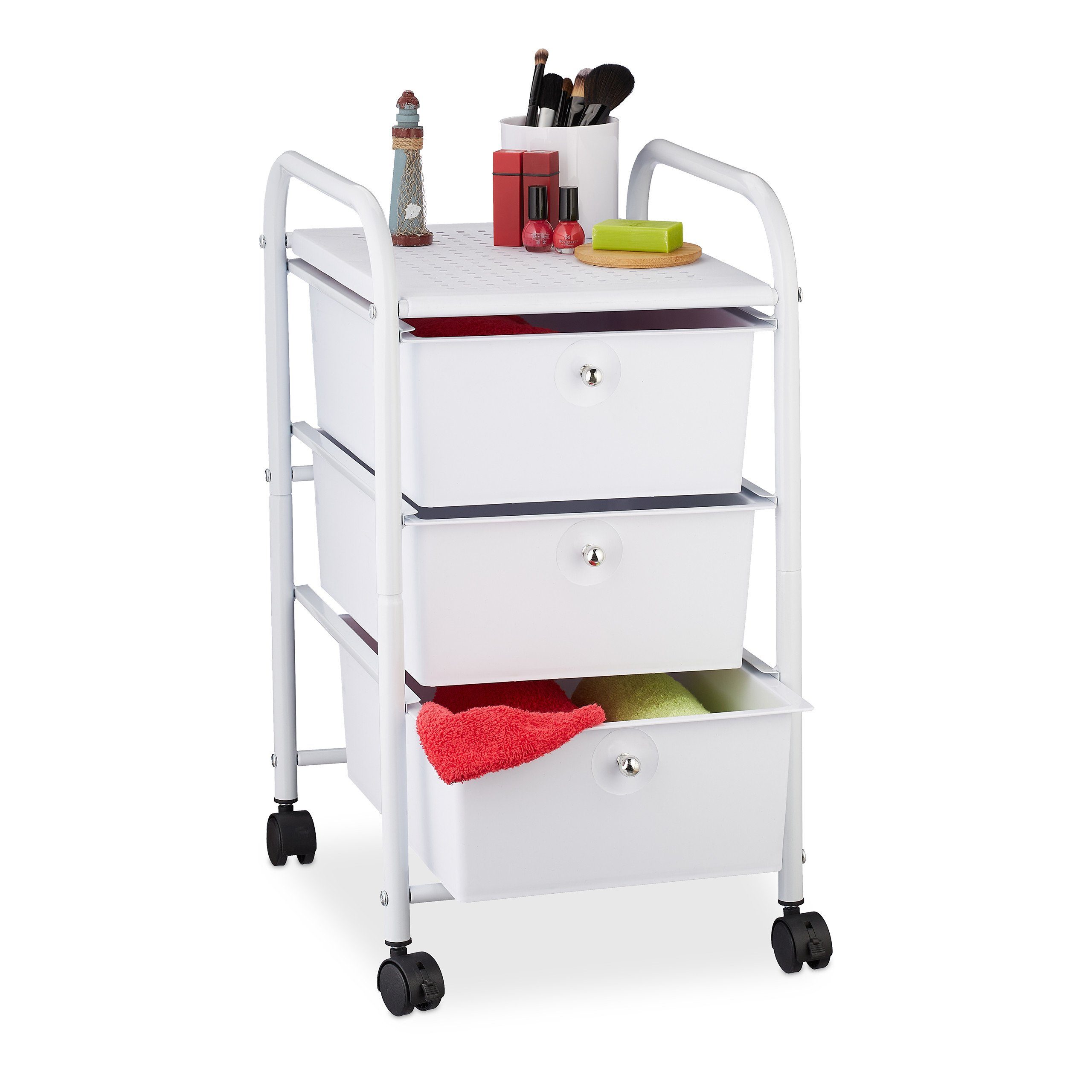Relaxdays Rollwagen Mit 4 Ebenen & Haken - Schmaler Servierwagen Für Bad & Küche, Weiß, 93x40x22 Cm, 4 Rollen