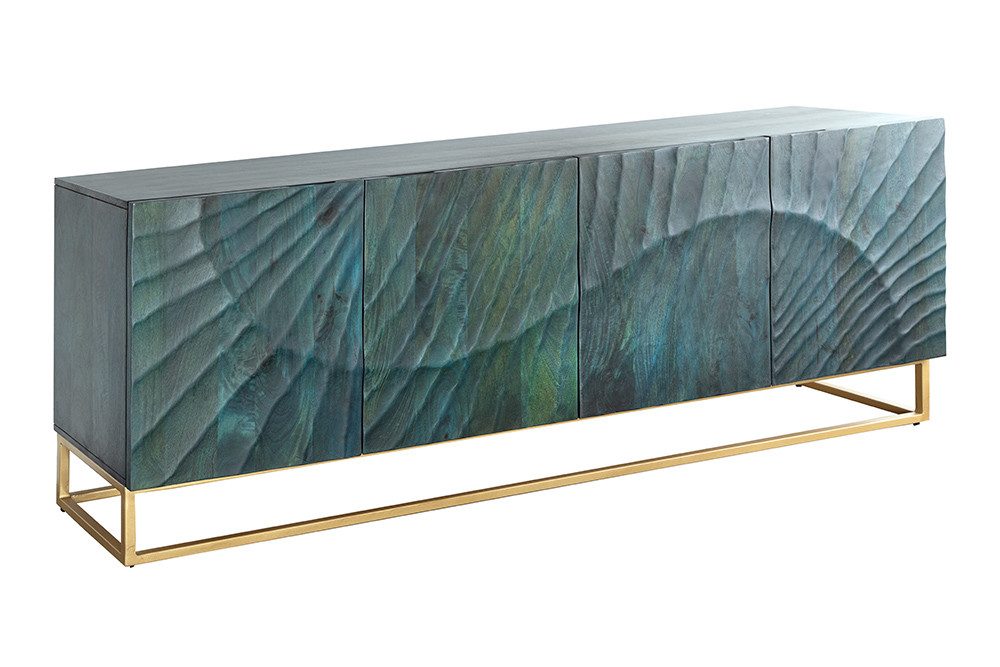 riess-ambiente Sideboard SCORPION 180cm türkis / gold · Anrichte aus Mango-Massivholz, Metall-Gestell · Kommode mit 4 Fächern · 3D Schnitzereien · Wohnzimmer