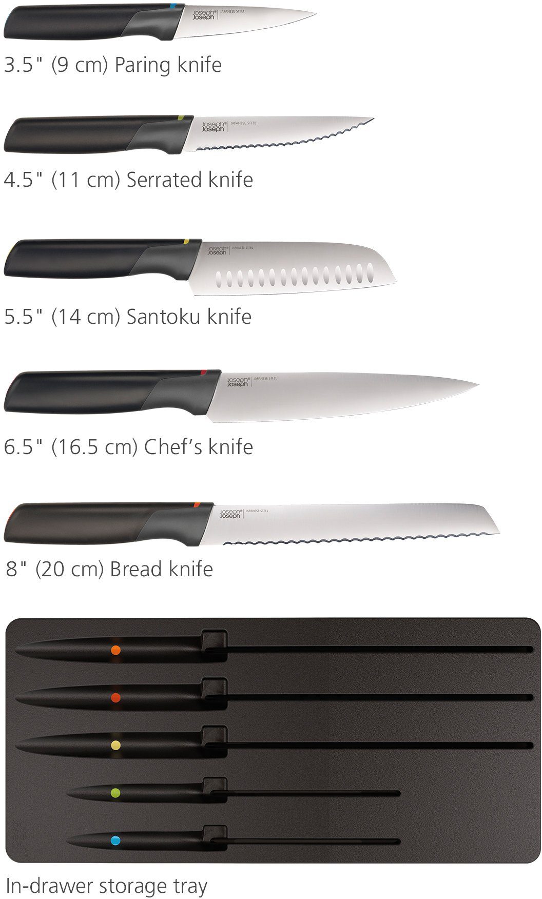 Joseph Joseph Messer-Set Elevate Knives japanisches Edelstahl, Store (Set, 6-tlg), Schubladeneinlage