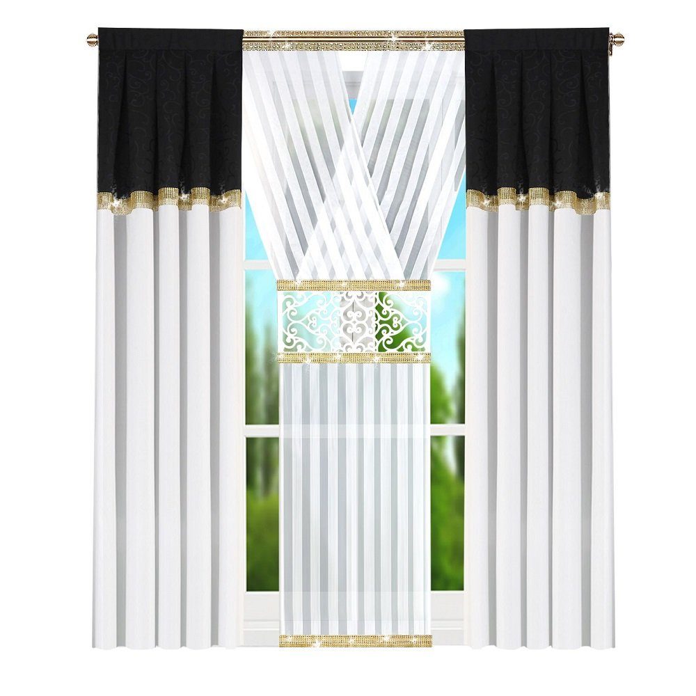 Gardine »Fertiggardine Komplett Vorhang mit Paneel Weiß Schwarz Gold / 3  Teile«, Flying, Kräuselband, Glamour online kaufen | OTTO