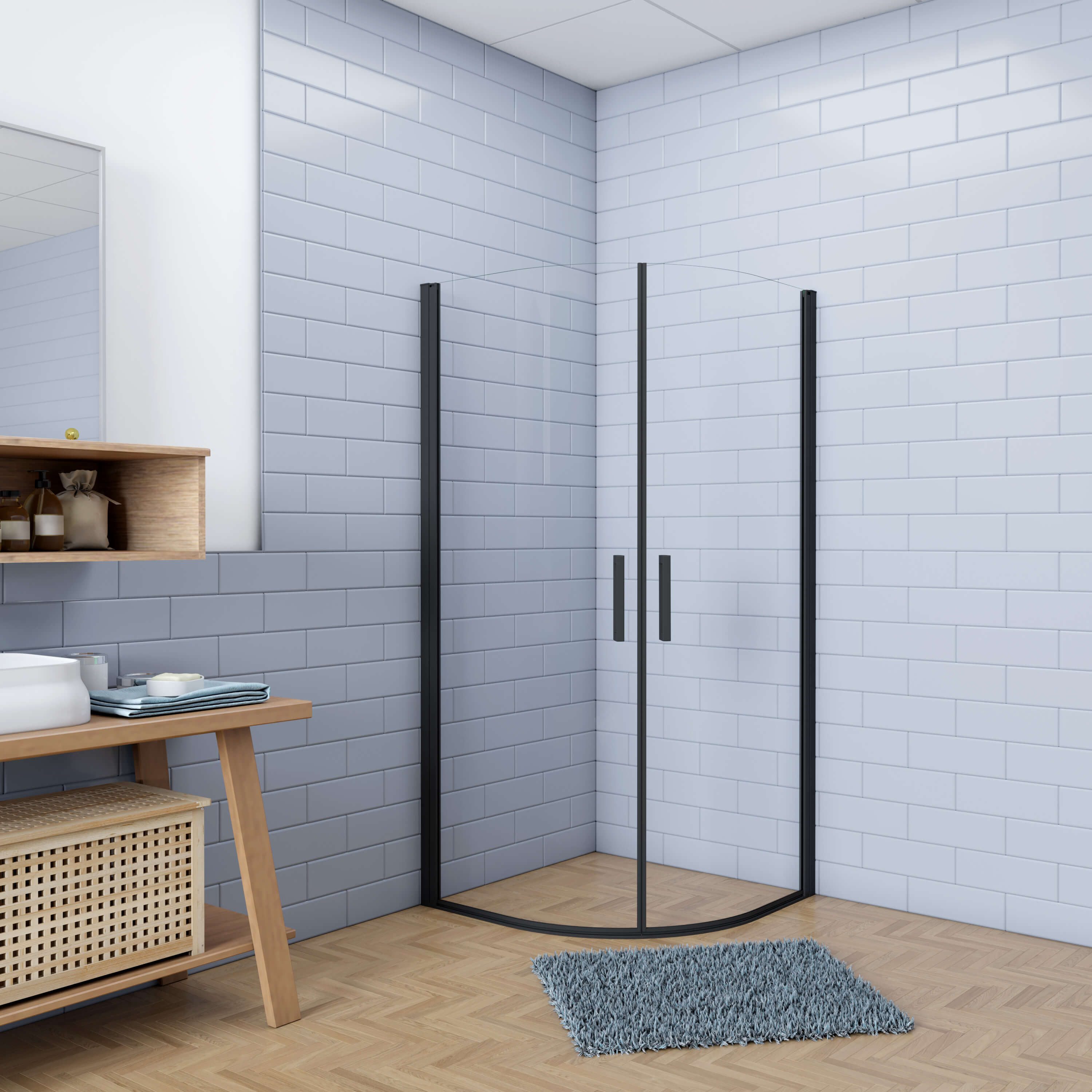 AICA Runddusche Schwarz Runddusche Klarglas 195cm Eckdusche ohne Duschtasse, Set, ohne Duschwanne, ebenerdiger Einbau möglich