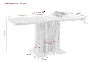 möbelando Säulen-Esstisch in Sonoma Eiche. Abmessungen (BxHxT) 150x76x70 cm