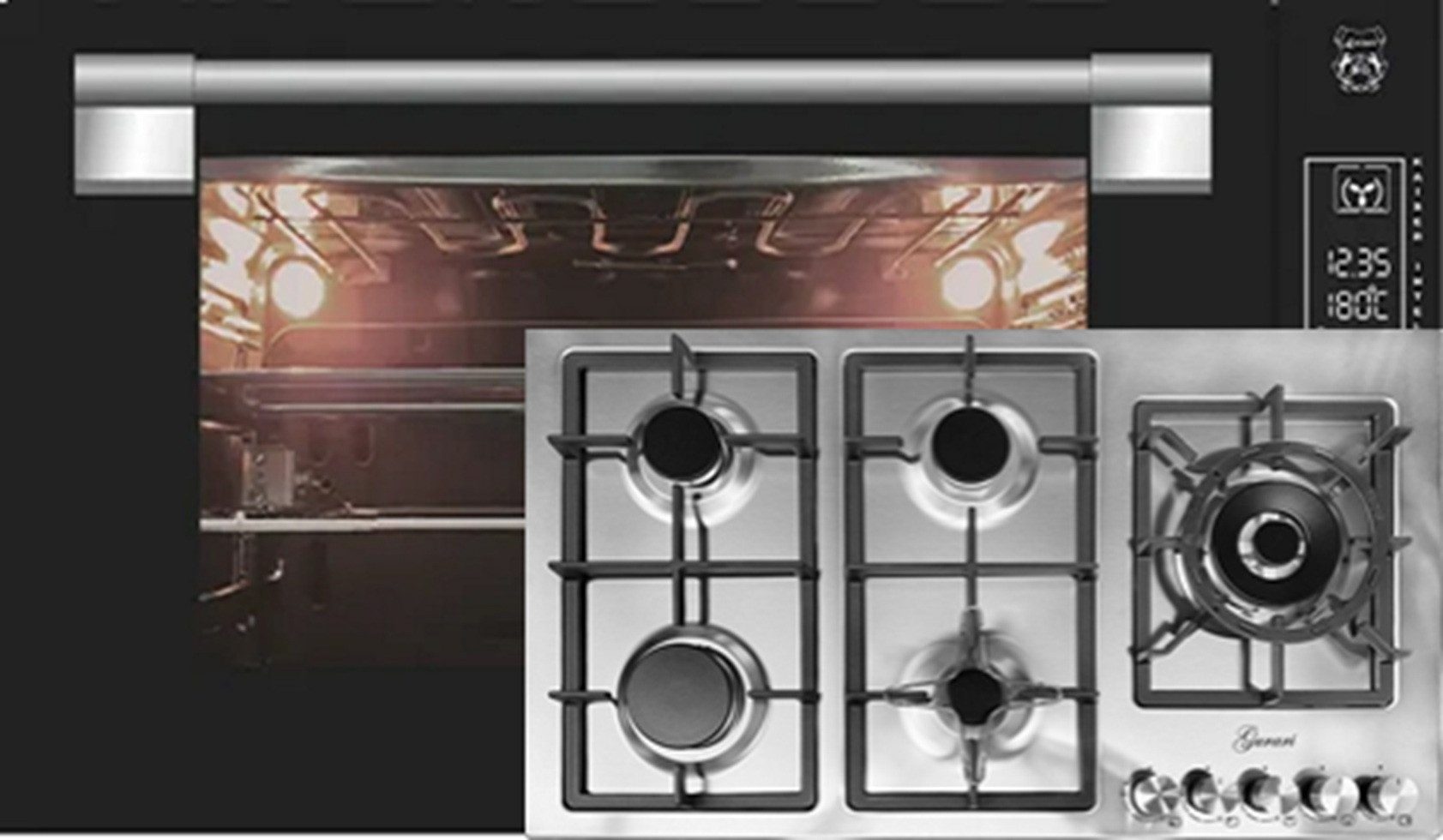 Kaiser Küchengeräte Backofen-Set Herd Set Autark Einbau Backofen 90 cm 105L Schwarzes Glas TouchControl+Gas-Kochfeld 90 cm EH 9309+FQ 905 VRGL, mit 1-fach-Teleskopauszug