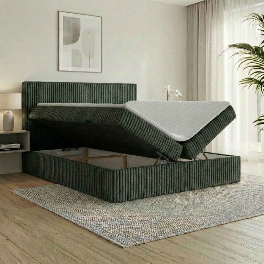 A&J MöbelLand GmbH Boxspringbett RALF mit Bettkasten, Topper und gepolstertem Kopfteil. (Boxspringbett mit Bettkasten und gepolstertem Kopfteil)