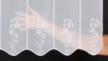 Scheibengardine nach Maß bestickt mit schlanken Blumen, Gardinen Kranzusch, Stangendurchzug, transparent, Kurzgardine, Wunschmaß, Stablöcher, transparent, verschiedene Höhen