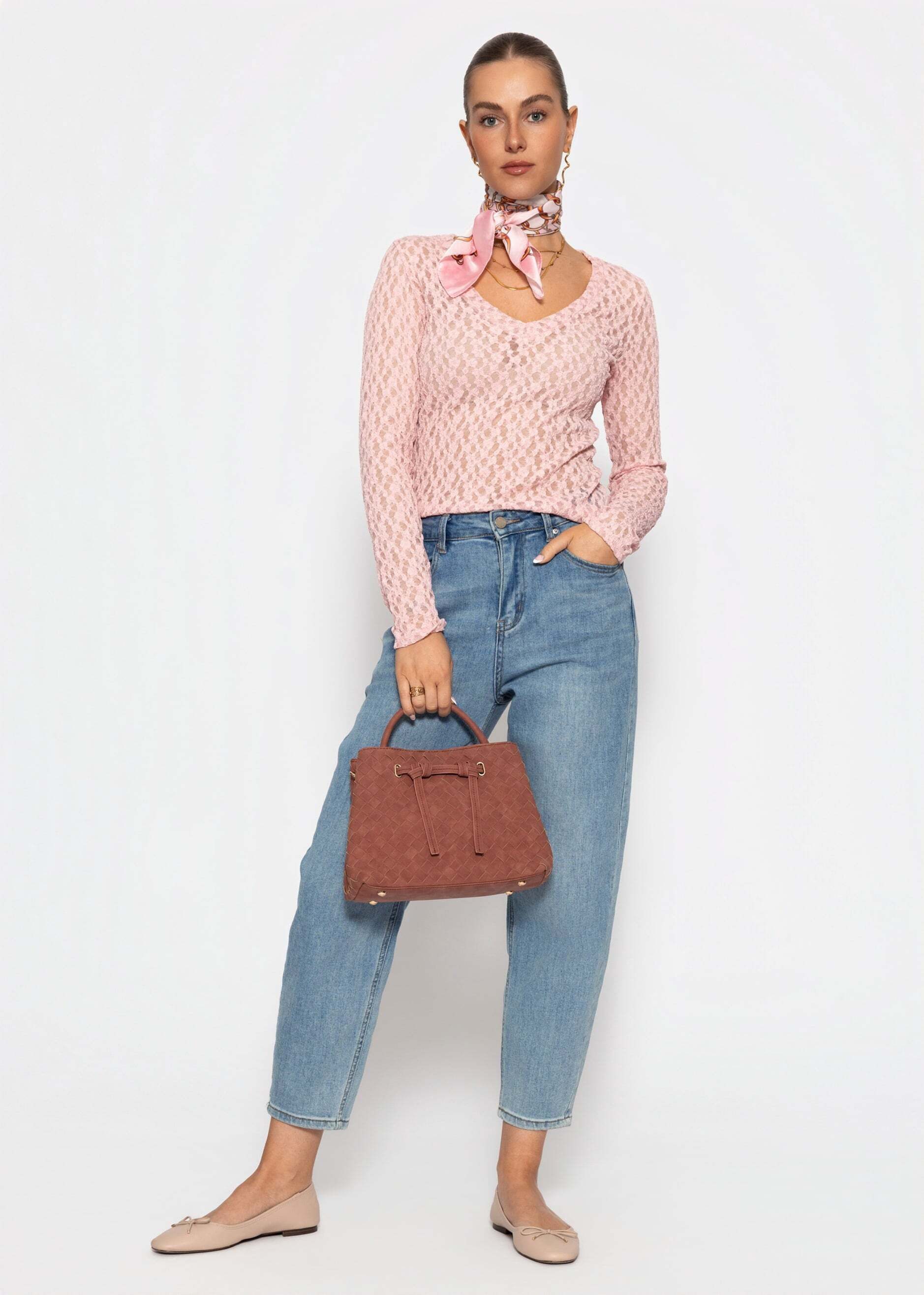 SASSYCLASSY Langarmshirt Spitzenshirt mit V-Ausschnitt für Damen Elegantes Langarmshirt mit floralem Muster in leichter Transparenz