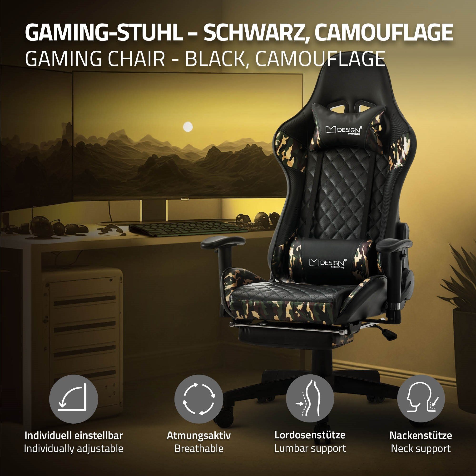 ML-DESIGN Gaming-Stuhl Gaming Drehstuhl Kunstleder, Lendenkissen, verstellbar Camouflage Armlehne, mit Ergonomischer aus Bürostuhl mit Schwarz, Fußstütze Stuhl Kopfstütze