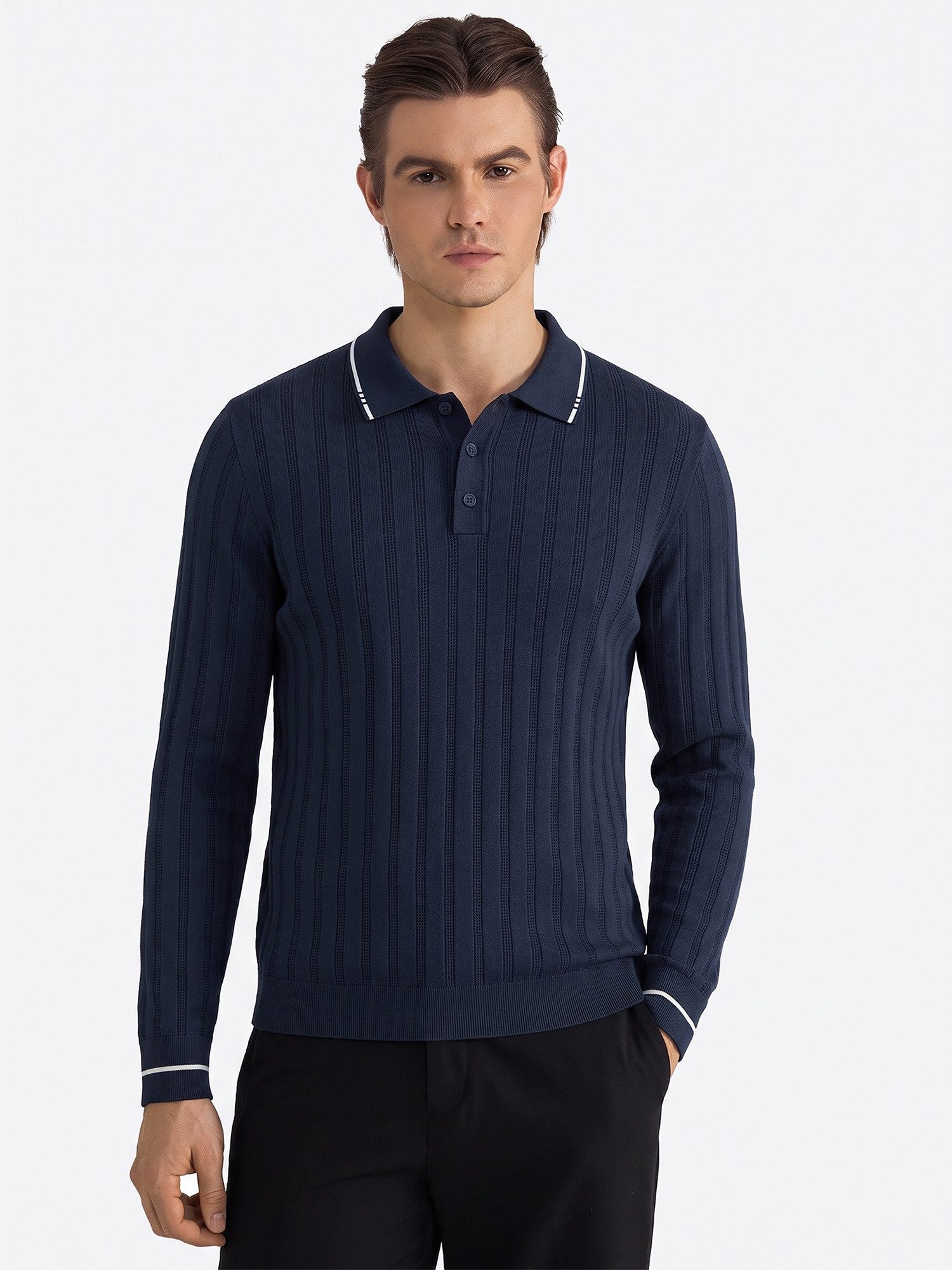 VANTORY Strickpullover Herren Langarm-Poloshirt mit vertikalem Ripp‑Strickmuster (Packung, 1-tlg., 1per-Pack) mit Zwei‑Knopf‑Knopfleiste