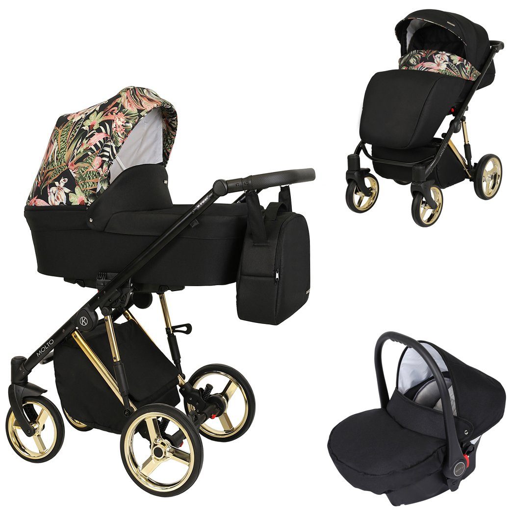 babies-on-wheels Kombi-Kinderwagen Molto Edition 3 in 1 inkl. Autositz -13 Teile- von Geburt bis 4 Jahre Schwarz-Dekor = Gestell gold