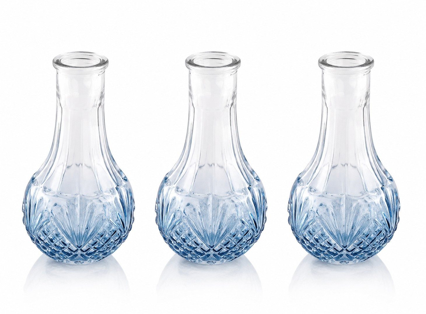 CHAKS Tischvase 3er Set Mini Glasvasen Blau – Vintage Blumenvasen mit Relief