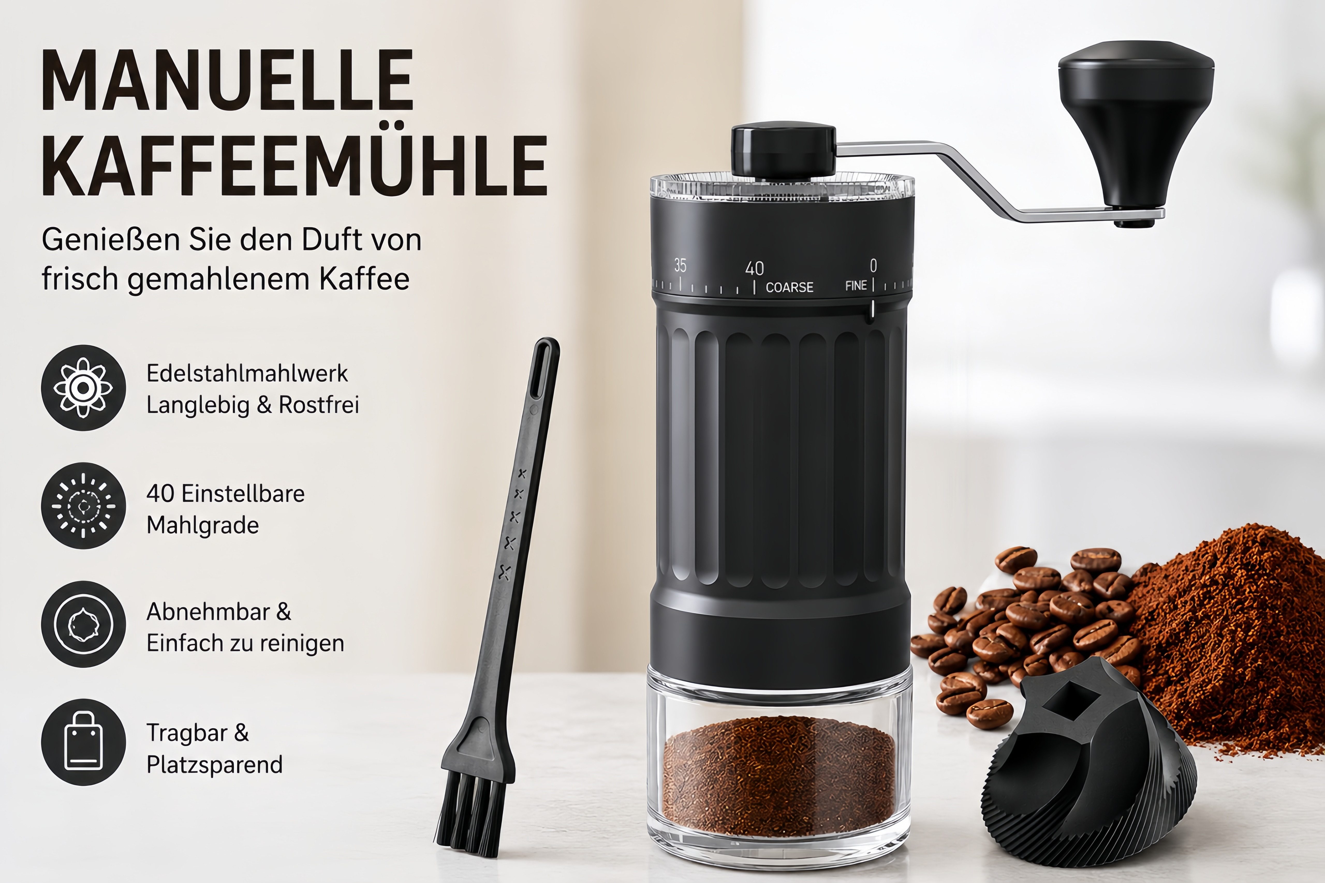 ibettertec Kaffeemühle 2026 Manuelle Kaffeemühle mit Keramikmahlwerk, Einstellbare Hand, Kaffeemühle mit 40 Mahlgraden, Tragbare Kaffeemühle für Espresso, 30 g Bohnenbehälter, Filterkaffee French Press