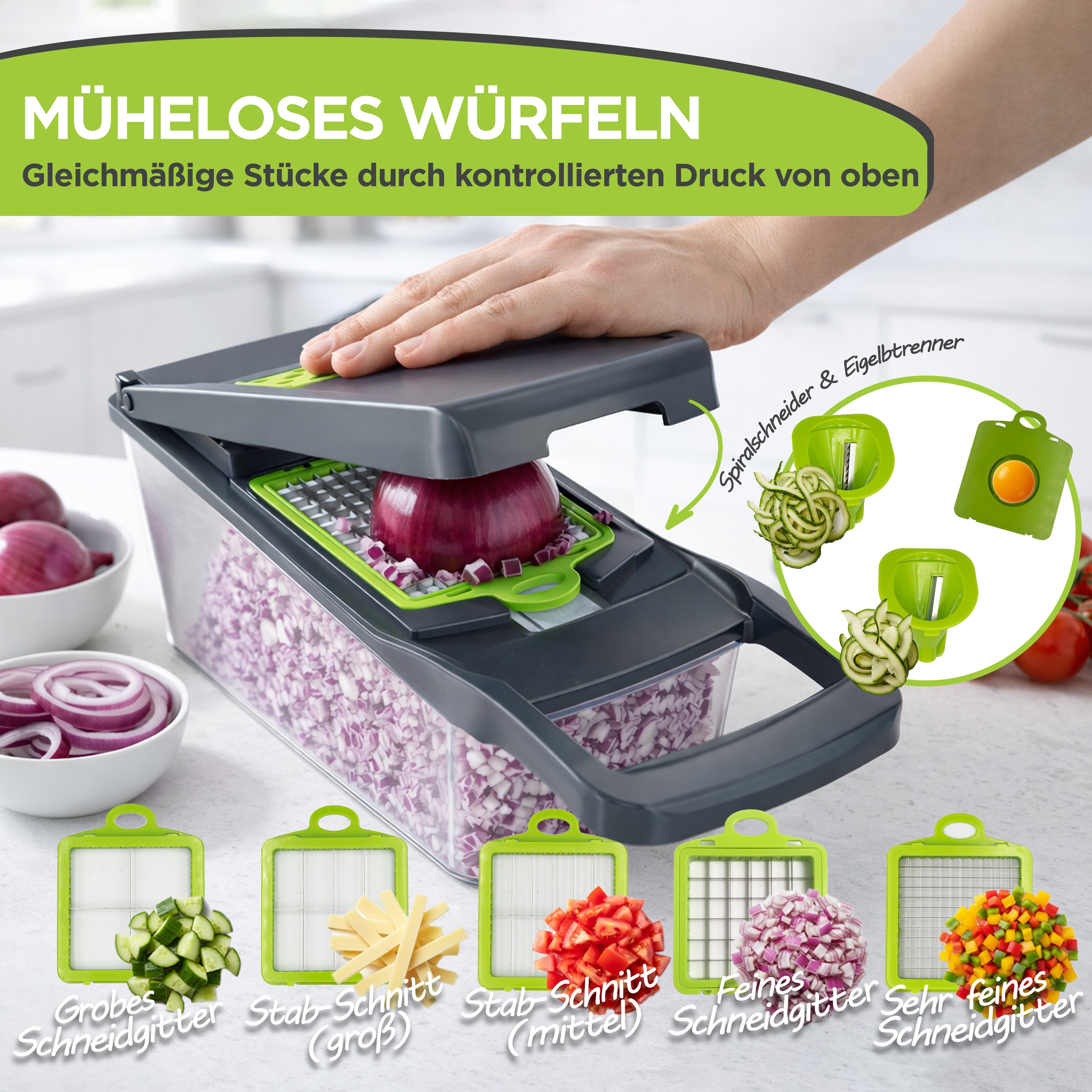 BI International Gemüsehobel Gemüseschneider 13-in-1 mit Behälter & Edelstahlklingen BPA-frei, (Spar Set, 13-St)