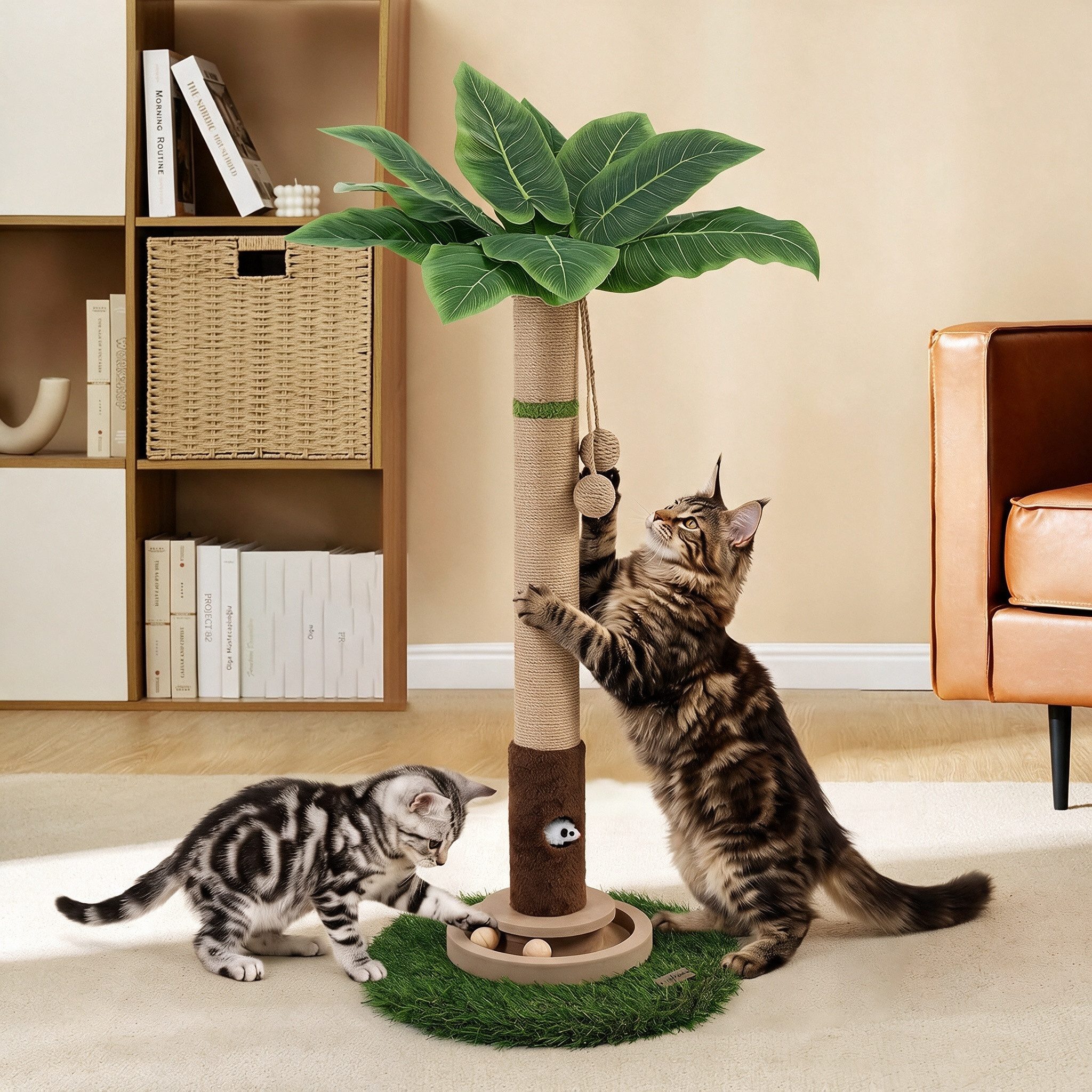 TUWENA Kratzbaum Katzenkratzbaum Katzenspielzeug 90cm aus Jute für Indoor-Katzen, Mausloch & Interaktives Spielzeug wecken Jagdtrieb und schützen Möbel