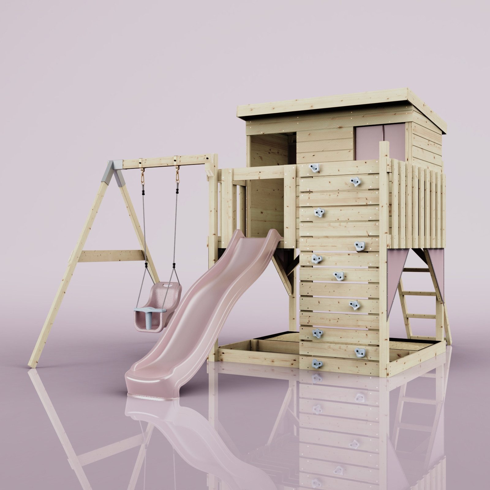OutdoorToys Spielturm Tjorven, aus Holz in Altrosa mit Babyschaukel & Rutsche, Kletterwand