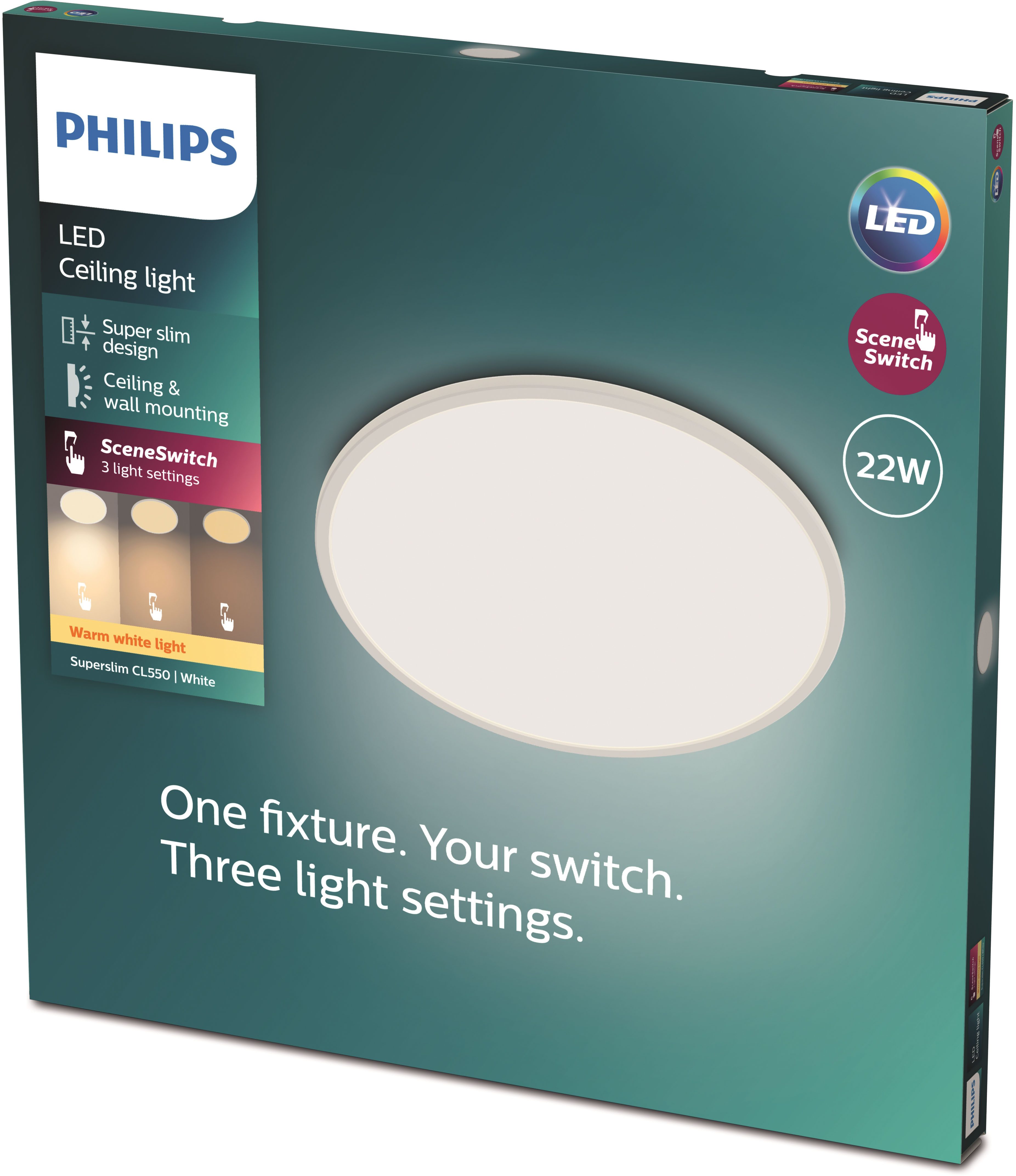 Philips LED Deckenleuchte Superslim 3-in-1 LED Leuchte, CL550, 2700K, Dimmfunktion, Memoryfunktion, dimmbar über Fernbedienung, mehrere Helligkeitsstufen, LED fest integriert, Warmweiß, SceneSwitch, warmweiß, LED, dimmbar mit Lichtschalter