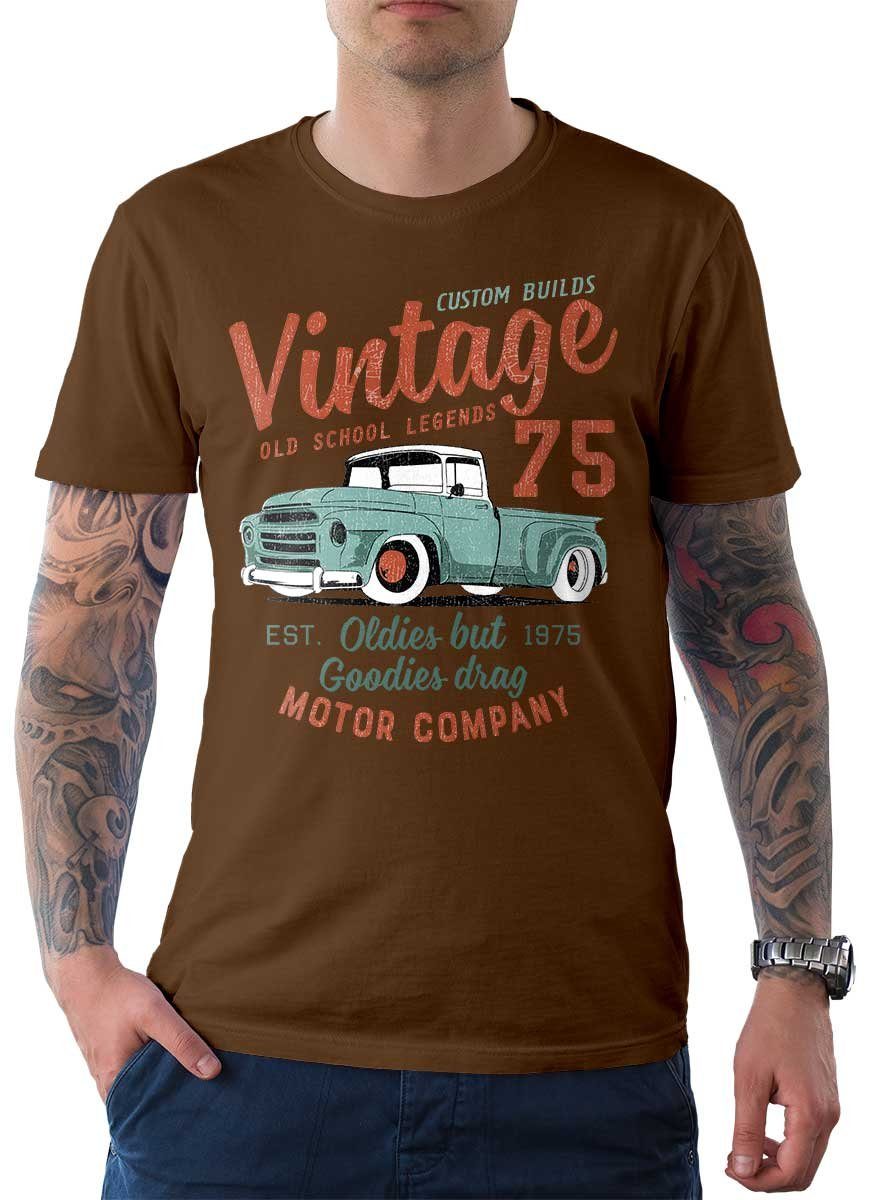 Rebel On Wheels T-Shirt Herren T-Shirt Tee Vintage Truck 75 mit Auto / US-Car Motiv Braun