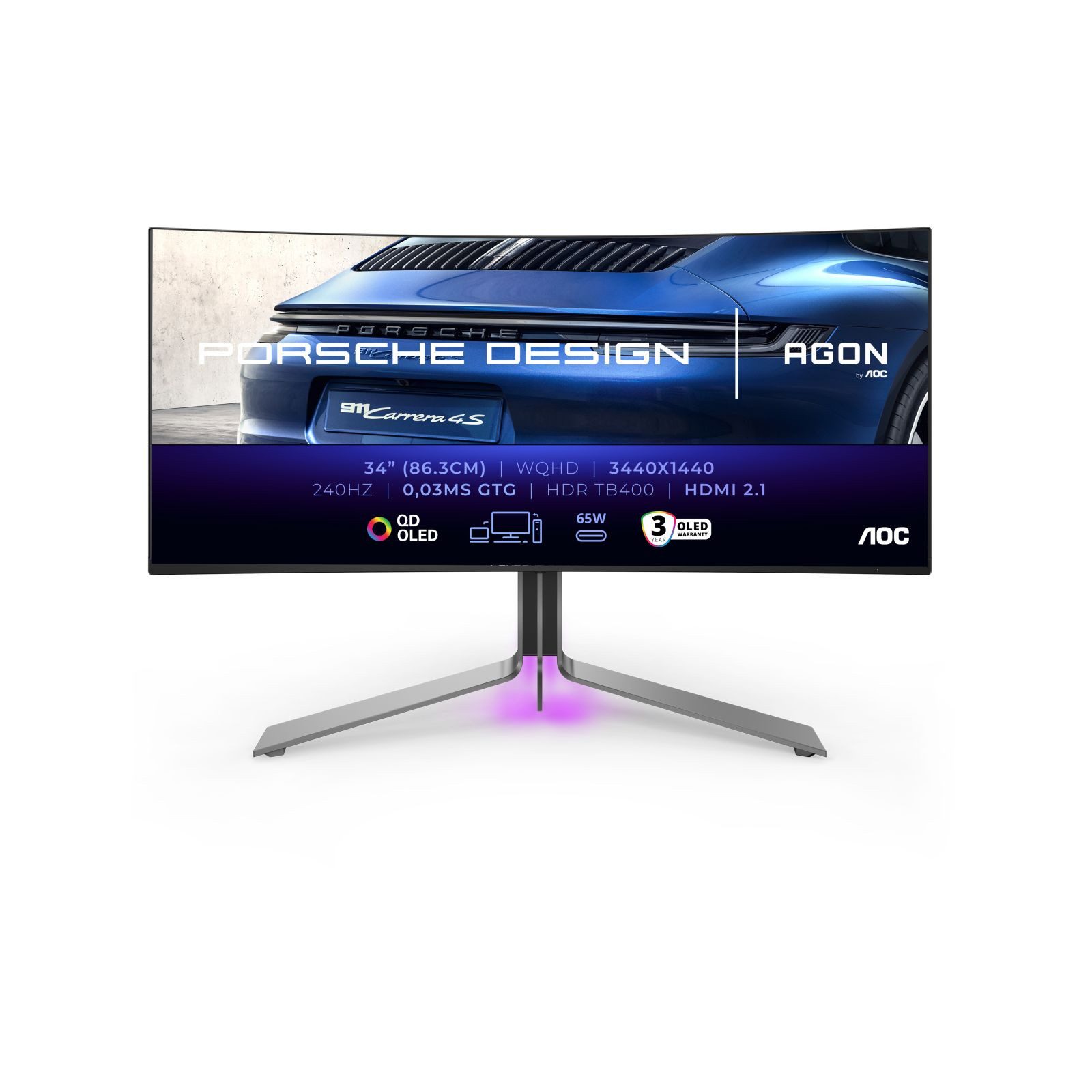 AOC AGON PRO PD34 Porsche Design - Porsche Design - OLED - Gaming - geboge TFT-Monitor (3440 x 1440 px, Wide Quad HD, 0,03 ms Reaktionszeit, 240 Hz, OLED, Curved, Lautsprecher, HDR, Höhenverstellbar)