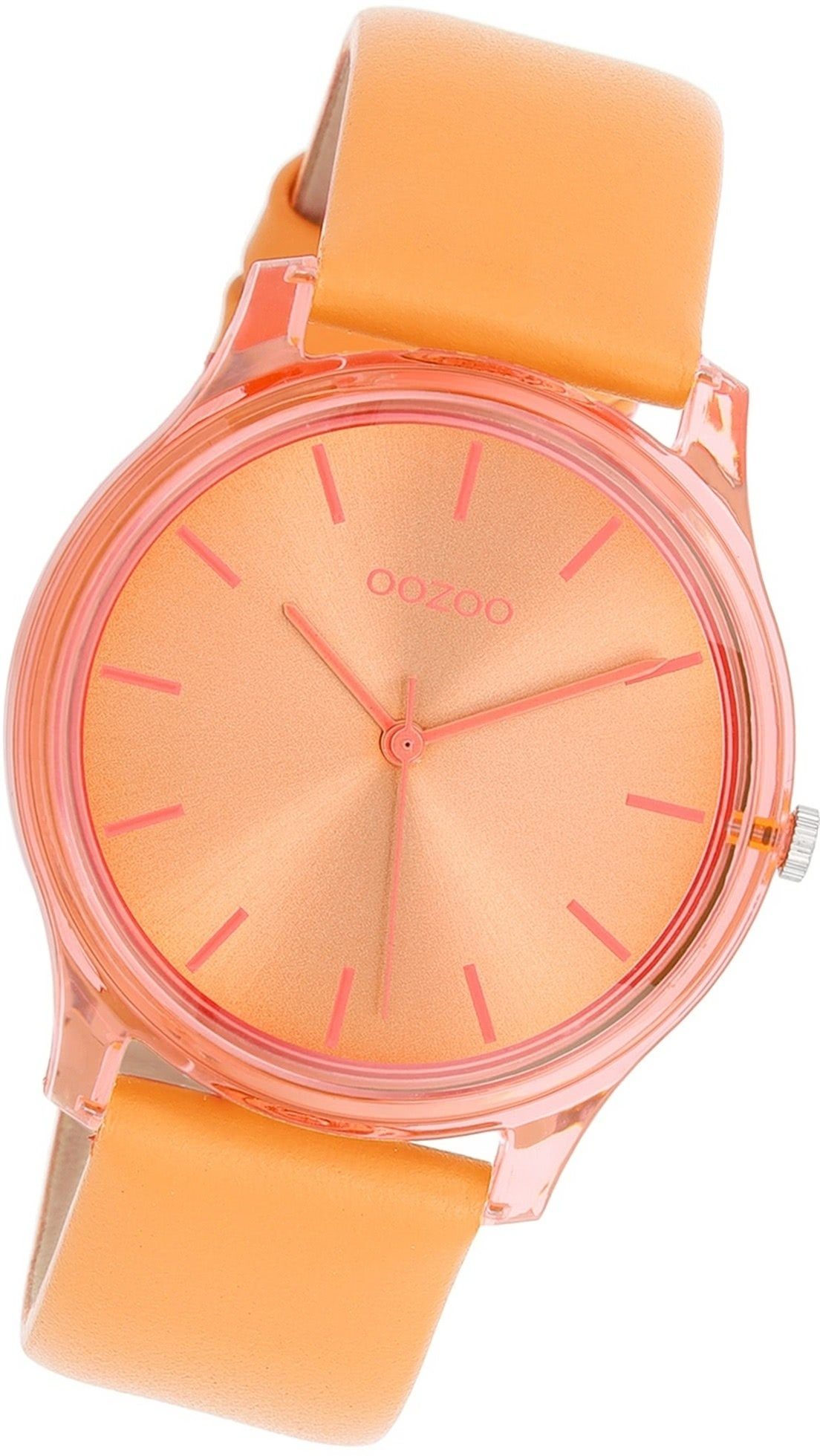 OOZOO Quarzuhr Oozoo Damen Armbanduhr Timepieces, Damenuhr Lederarmband mango, orange, rundes Gehäuse, mittel (ca. 36mm)