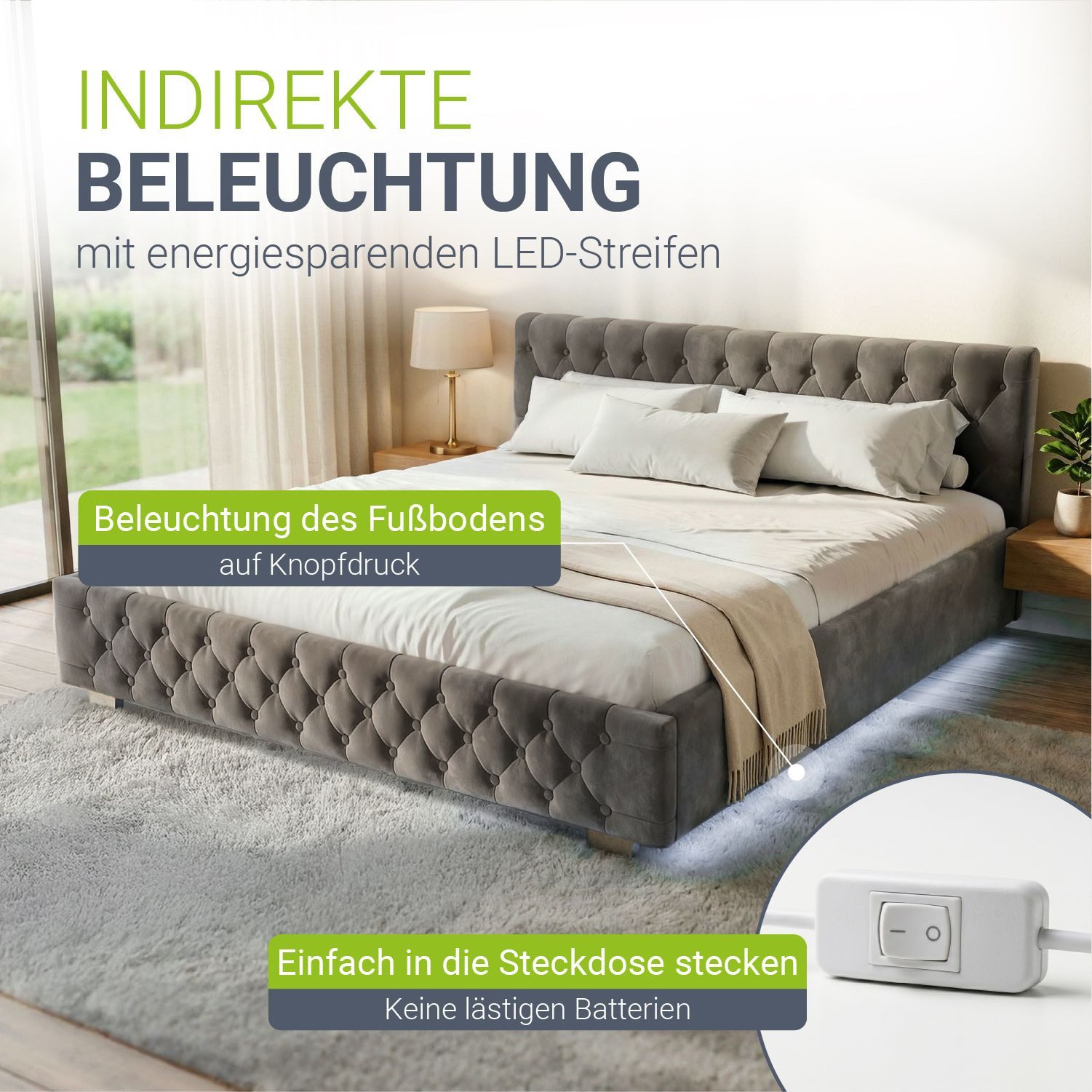 Juskys Polsterbett Nizza, Stauraum, LED Licht, Chesterfield Steppung, Samtbezug