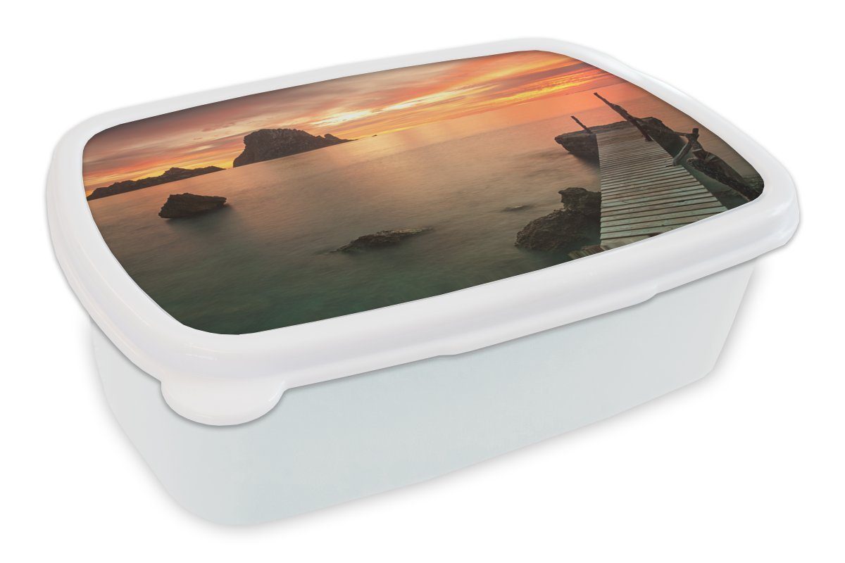 MuchoWow Lunchbox Sonnenuntergang auf Ibiza, Kunststoff, (2-tlg), Brotbox für Kinder und Erwachsene, Brotdose, für Jungs und Mädchen weiß