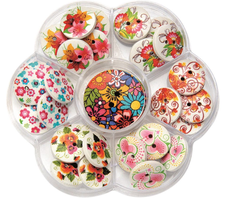 Glorex Manschettenknöpfe Knöpfe mix Holz bedruckt 32 Stück