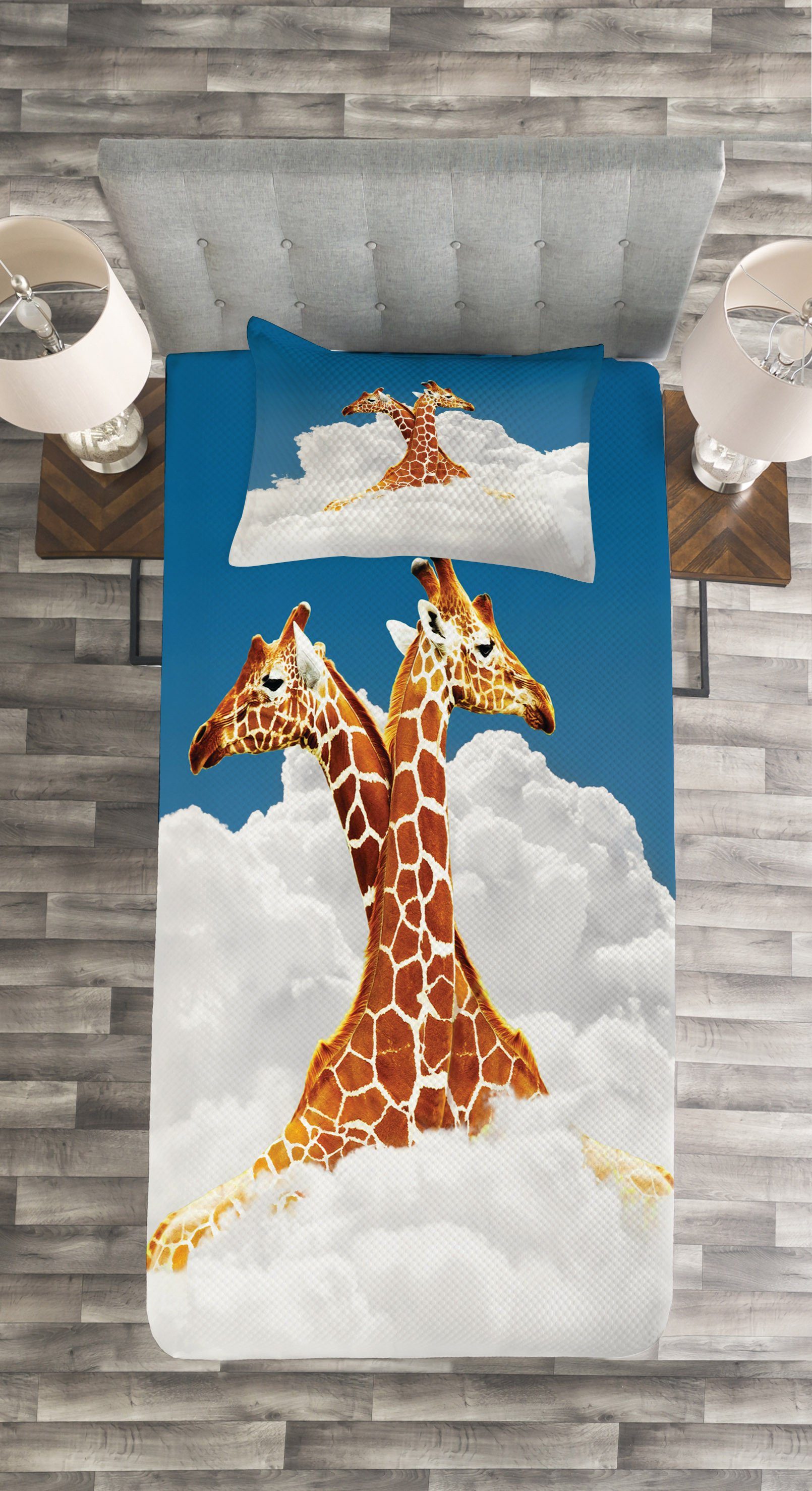 Tagesdecke Set mit Kissenbezügen Giraffe Waschbar, Romantisch Abakuhaus, Paar Tier