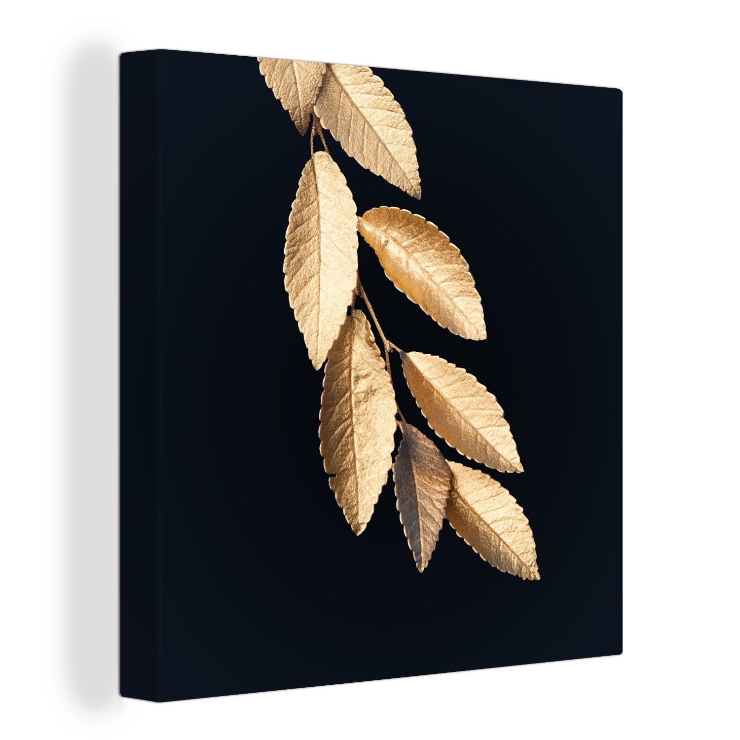 OneMillionCanvasses® Leinwandbild Blätter - Schwarz - Gold - Luxus - Pflanzen, (1 St), Leinwand Bilder für Wohnzimmer Schlafzimmer