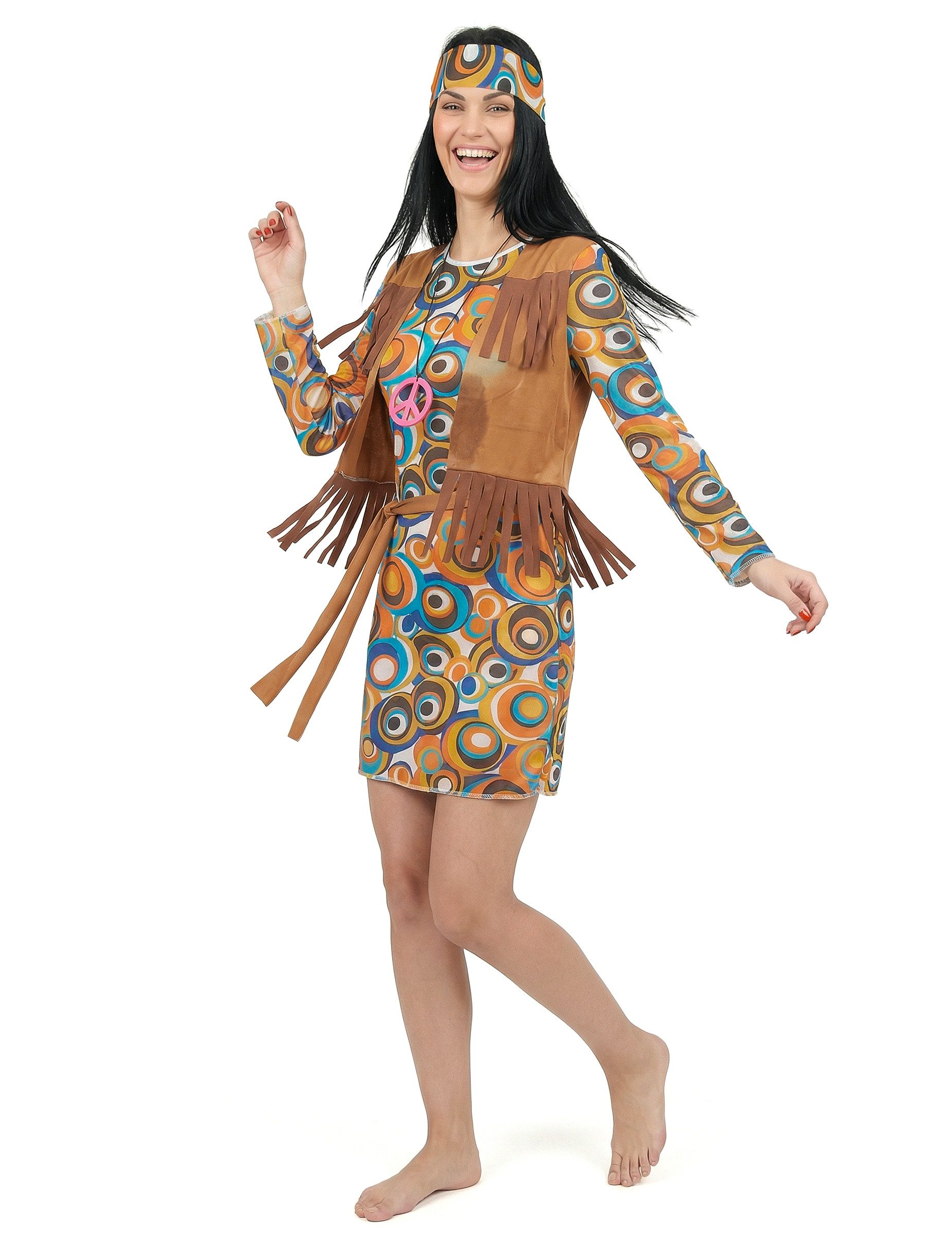 Kostüm Hippie-Damenkostüm 60er-Outfit mit Kreisen bunt