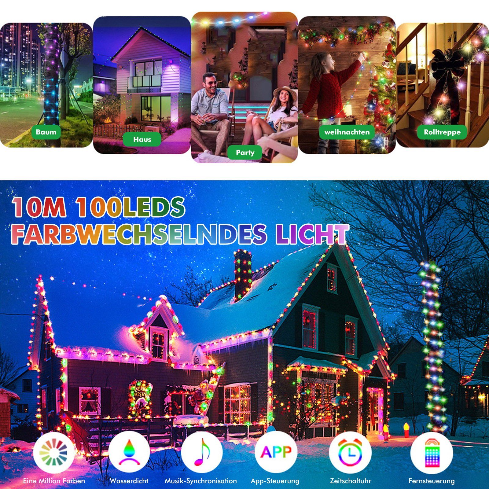 Timer Farbwechsel 10M Innen Sync mit Party Musik Kupferdraht Bluetooth IP67 RGB Weihnachtsbeleuchtung, Lichtschlauch Sunicol Fernbedienung Außen LED-Lichterkette